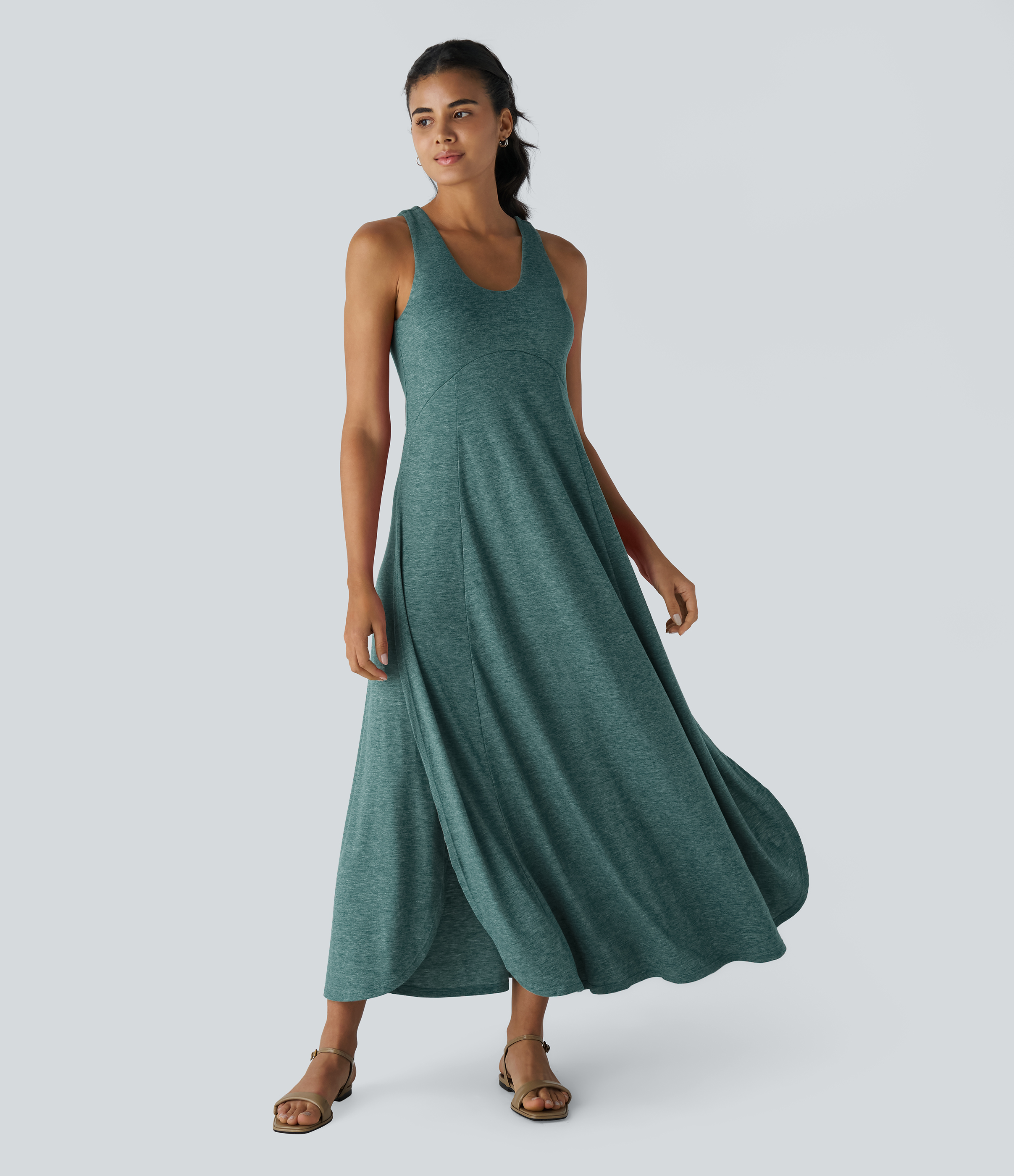 Halara U Neck Backless Split Flowy Maxi Casual Tank Dress Casual Dress - Jade Green Floral Yarn - XL slip dress beach dress ruched dress 