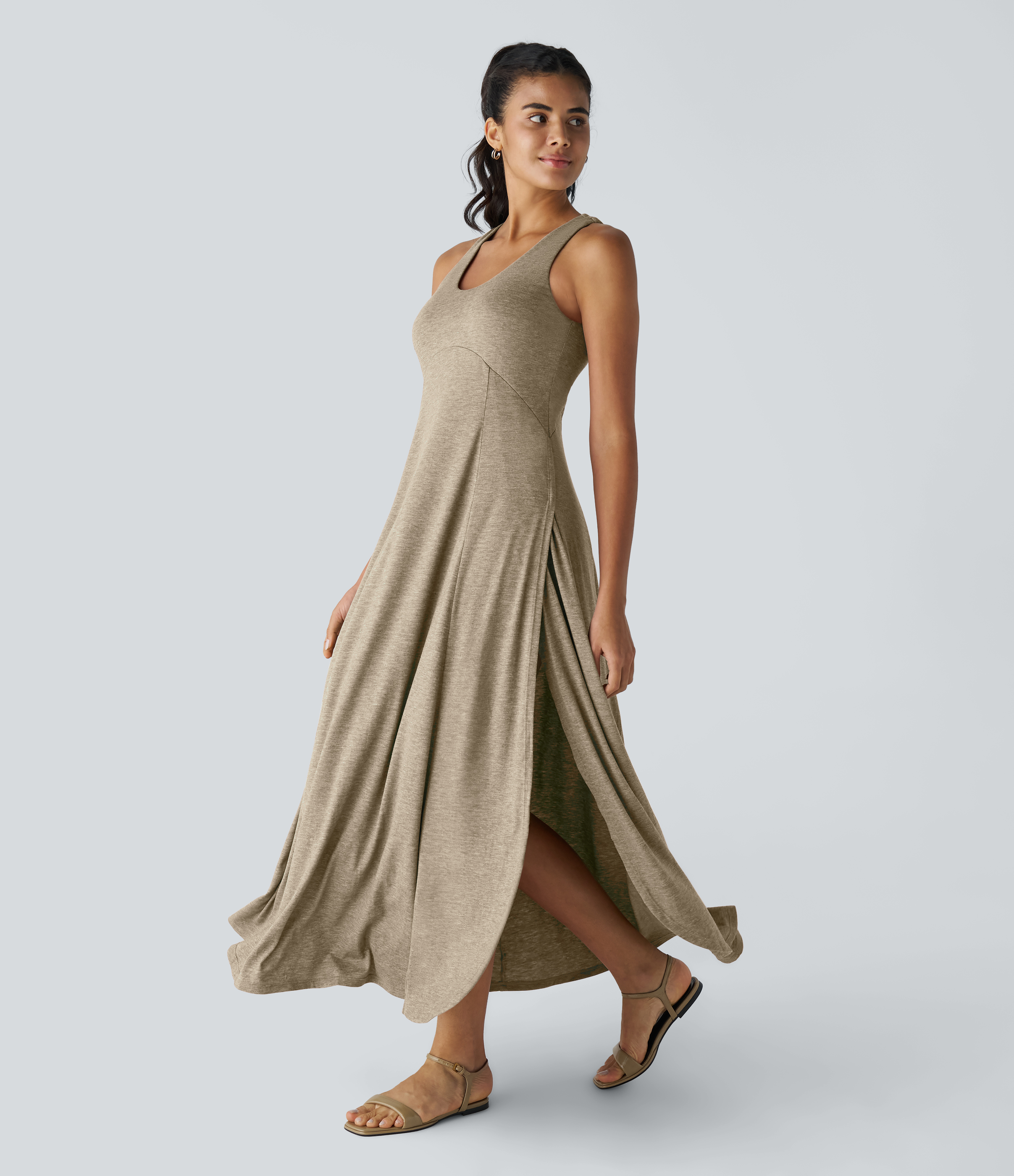 Halara U Neck Backless Split Flowy Maxi Casual Tank Dress Casual Dress - Khaki Floral Yarn - M Slip Dress Beach Dress Ruched Dress