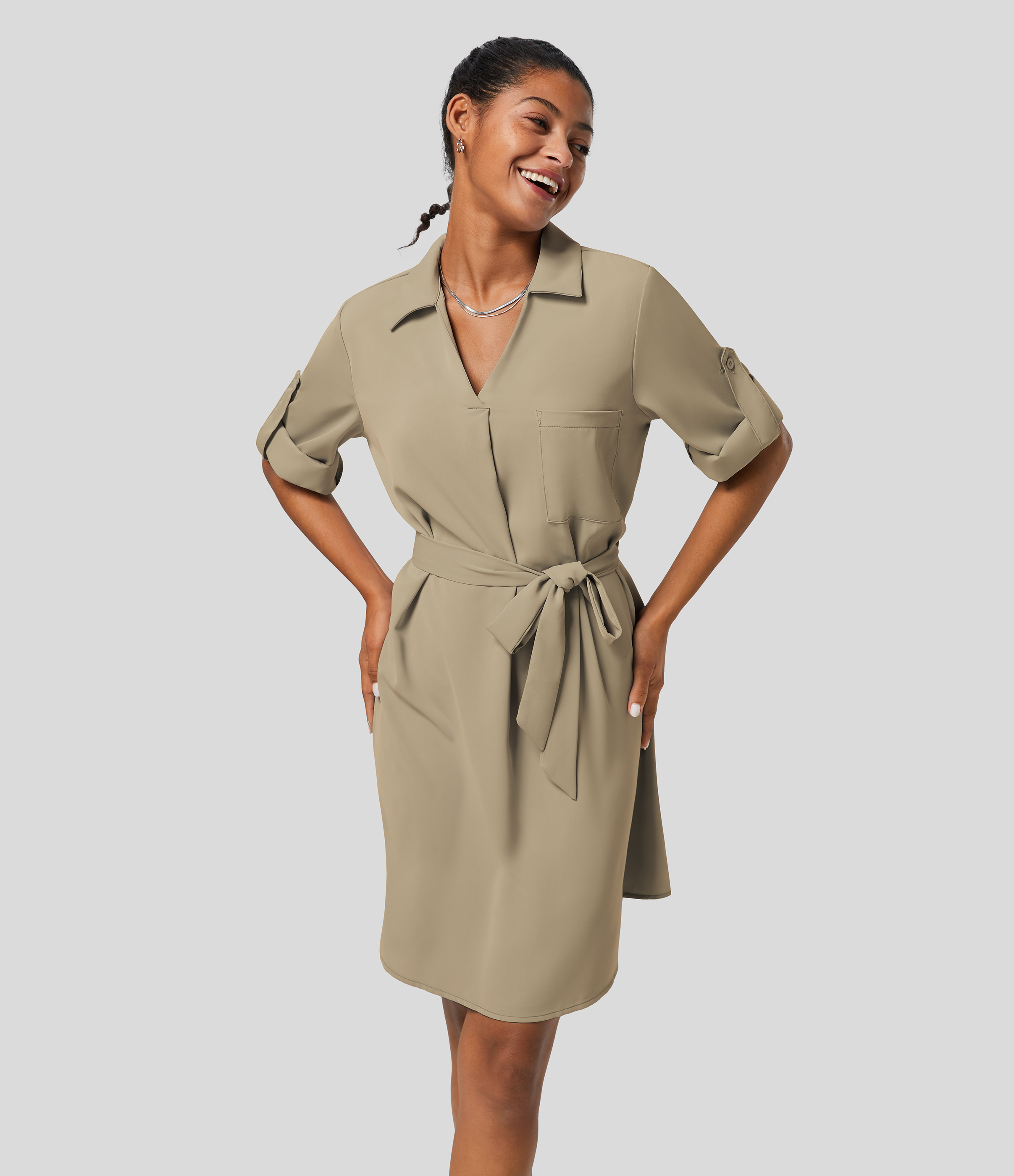 Halara Collared Roll Up Sleeve Belted Midi Work Shirt Dress Casual Dress - Pale Khaki - XL slip dress beach dress ruched dress halter dress 