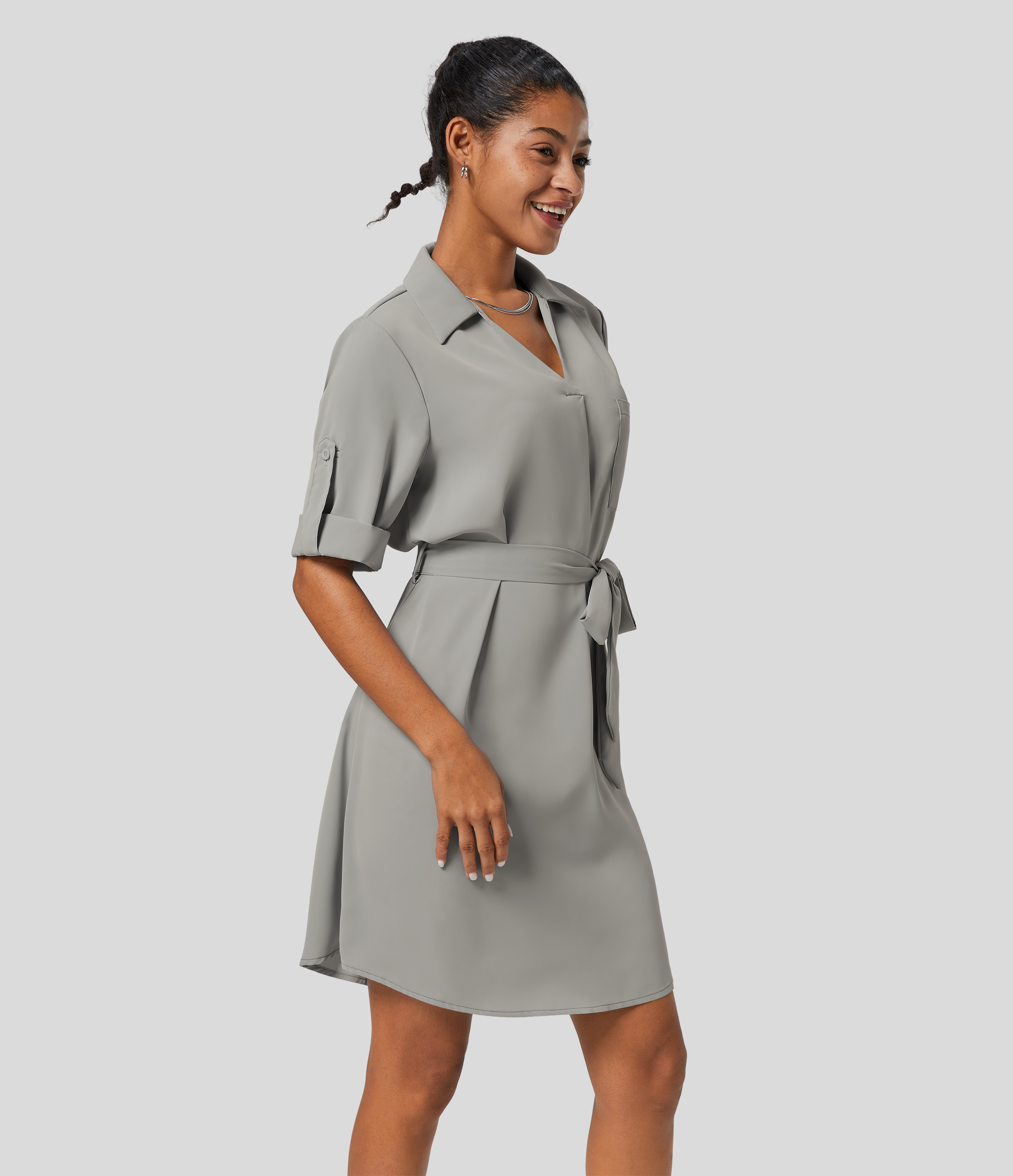 Halara Collared Roll Up Sleeve Belted Midi Work Shirt Dress Casual Dress - Ultimate Gray - XL slip dress beach dress ruched dress 