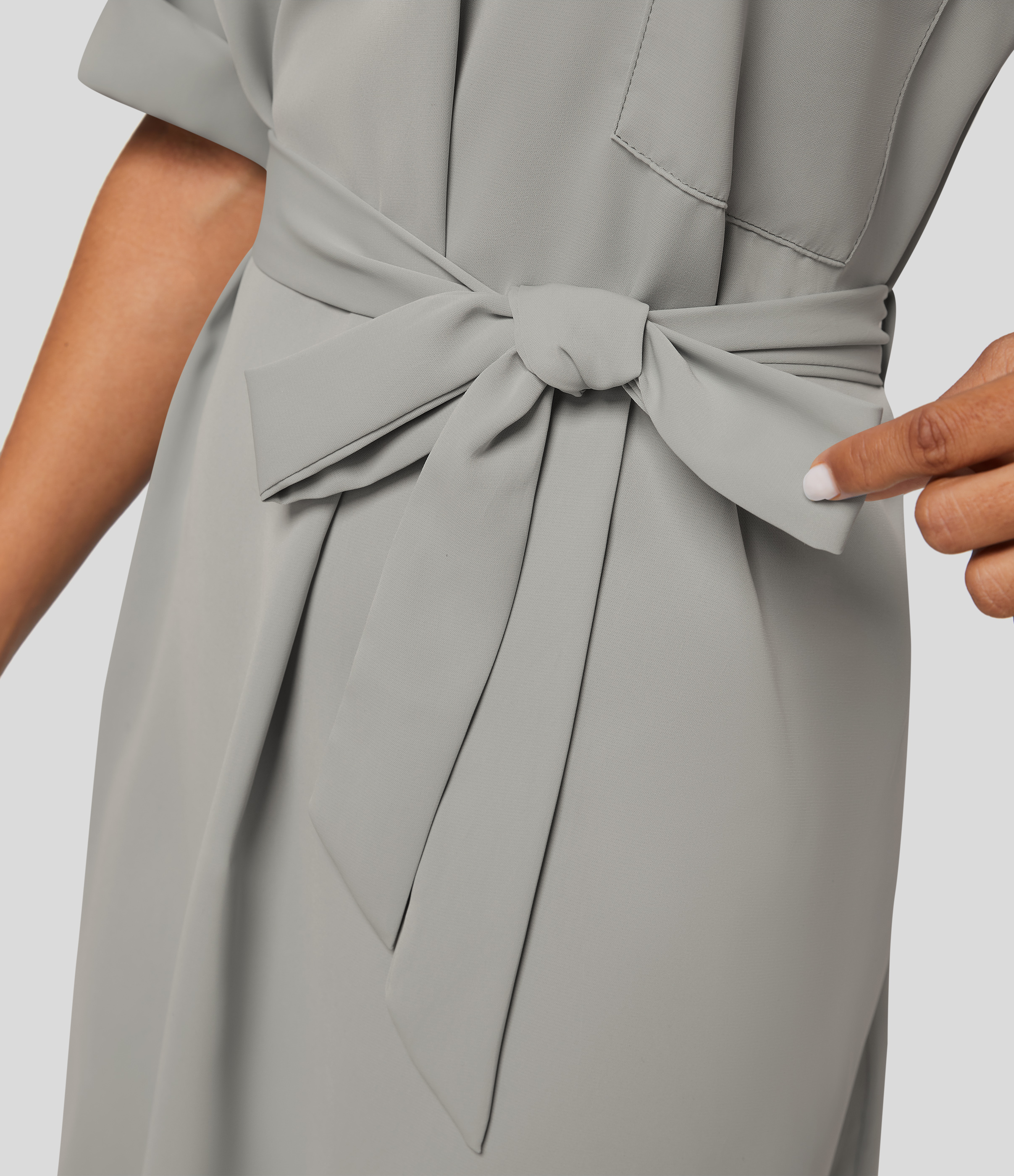Halara Collared Roll Up Sleeve Belted Midi Work Shirt Dress Casual Dress - Ultimate Gray - XL slip dress beach dress ruched dress 