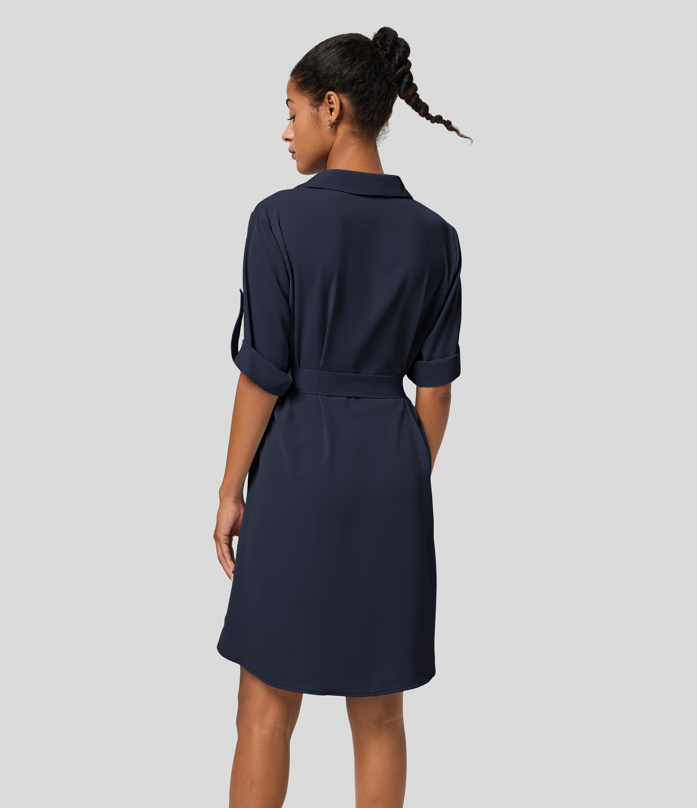 Halara Collared Roll Up Sleeve Belted Midi Work Shirt Dress Casual Dress - Patriot Blue - S slip dress beach dress ruched dress halter dress 
