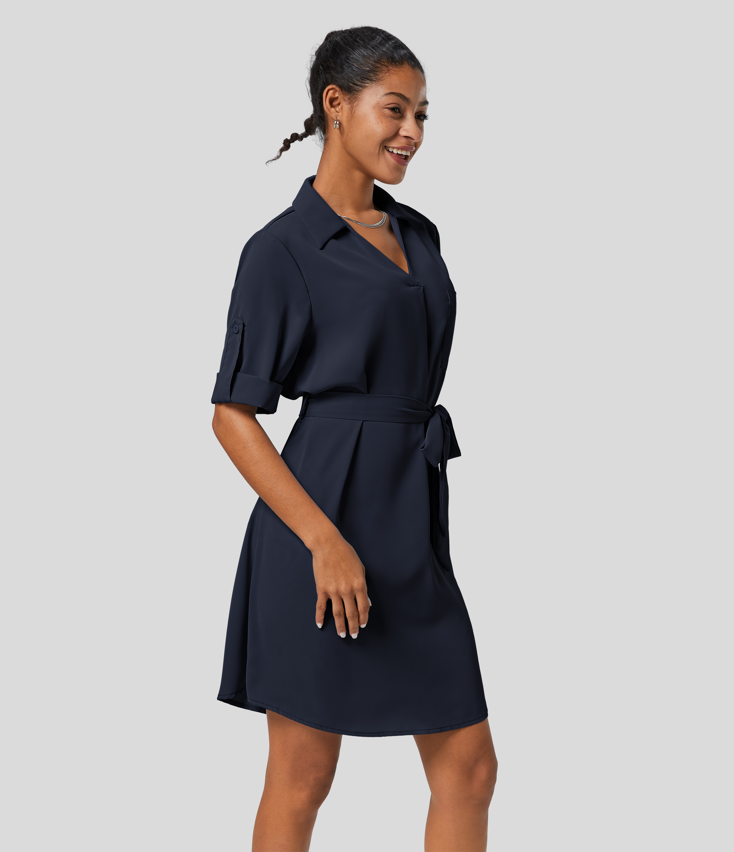 Halara Collared Roll Up Sleeve Belted Midi Work Shirt Dress Casual Dress - Patriot Blue - S slip dress beach dress ruched dress halter dress 