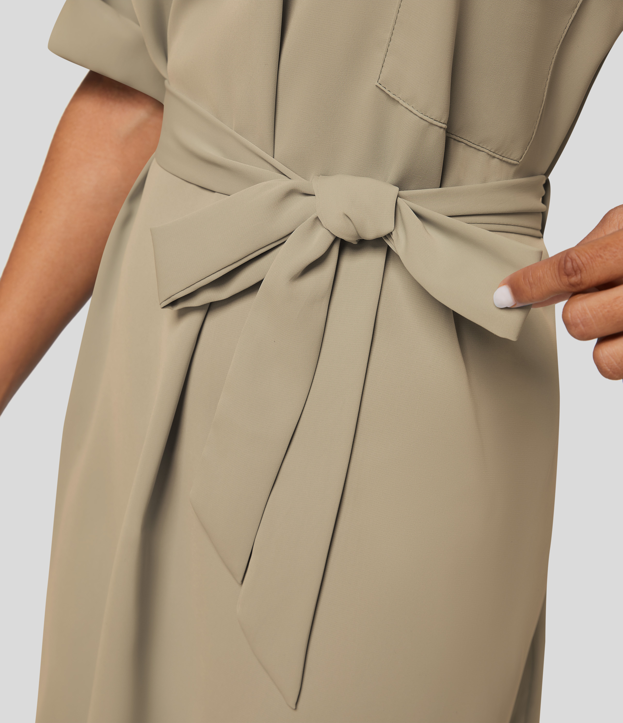 Halara Collared Roll Up Sleeve Belted Midi Work Shirt Dress Casual Dress - Pale Khaki - XL slip dress beach dress ruched dress halter dress 