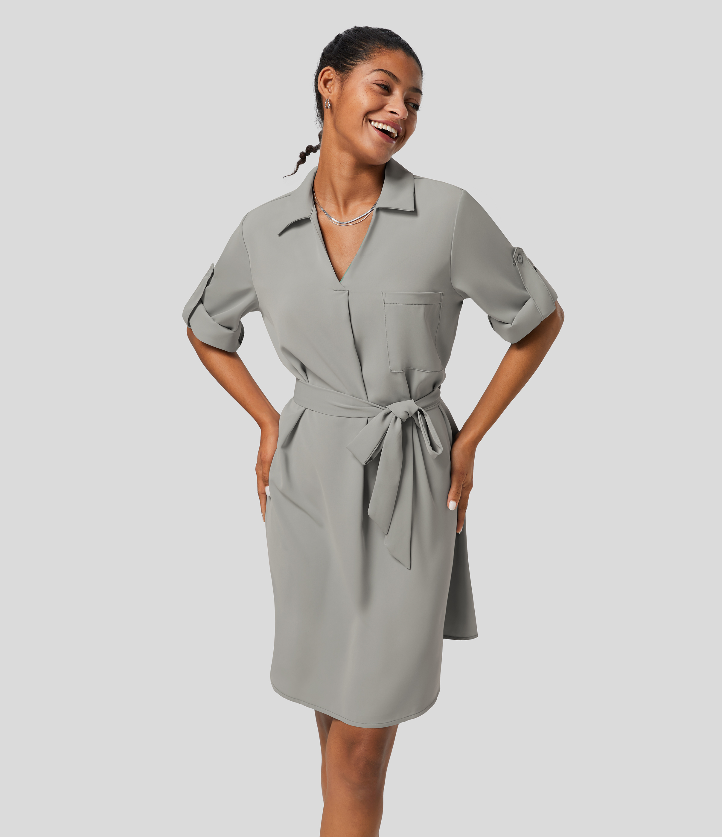 Halara Collared Roll Up Sleeve Belted Midi Work Shirt Dress Casual Dress - Ultimate Gray - XL slip dress beach dress ruched dress 