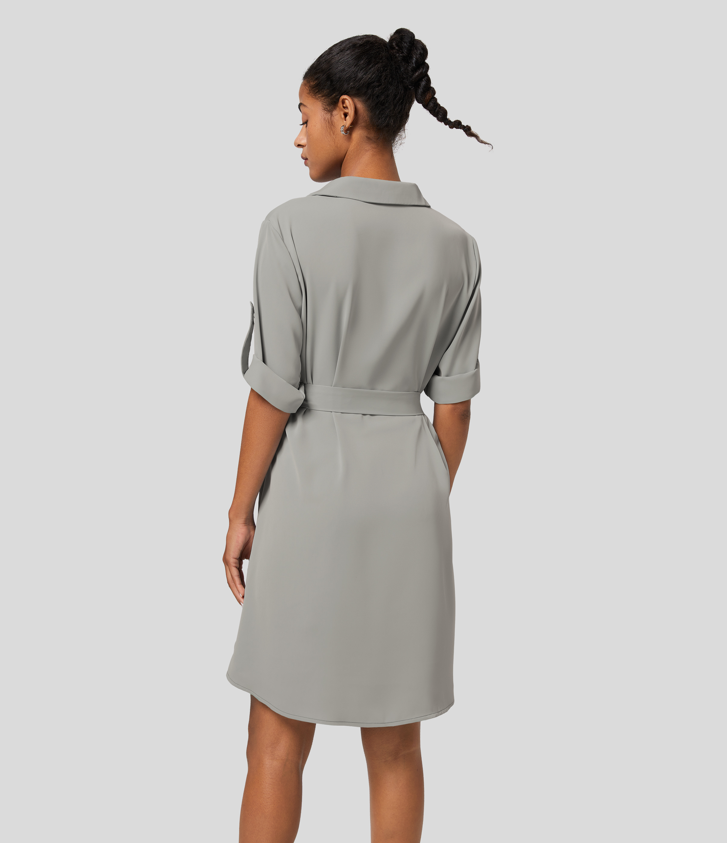 Halara Collared Roll Up Sleeve Belted Midi Work Shirt Dress Casual Dress - Ultimate Gray - XL slip dress beach dress ruched dress 