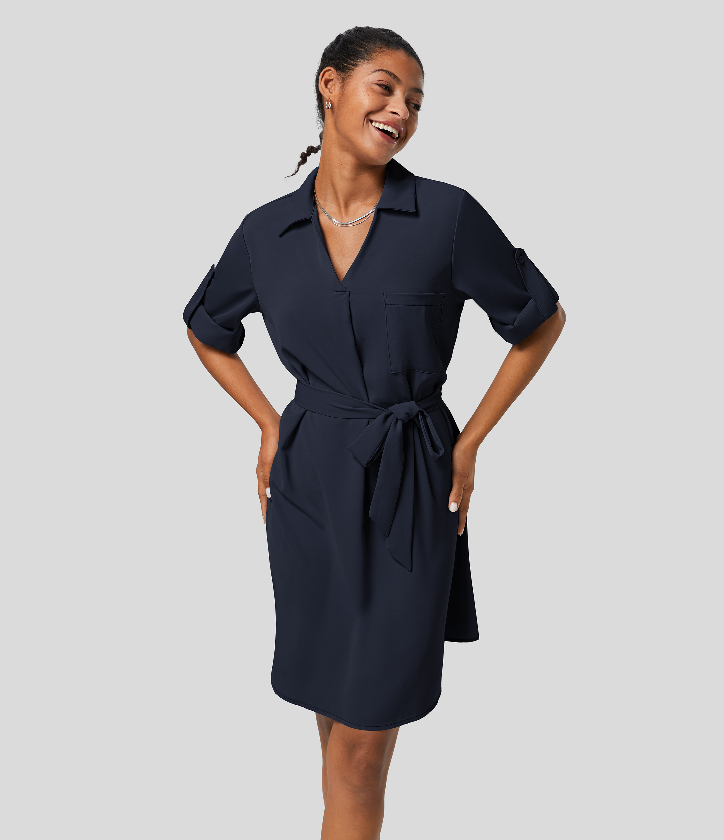 Halara Collared Roll Up Sleeve Belted Midi Work Shirt Dress Casual Dress - Patriot Blue - S slip dress beach dress ruched dress halter dress 