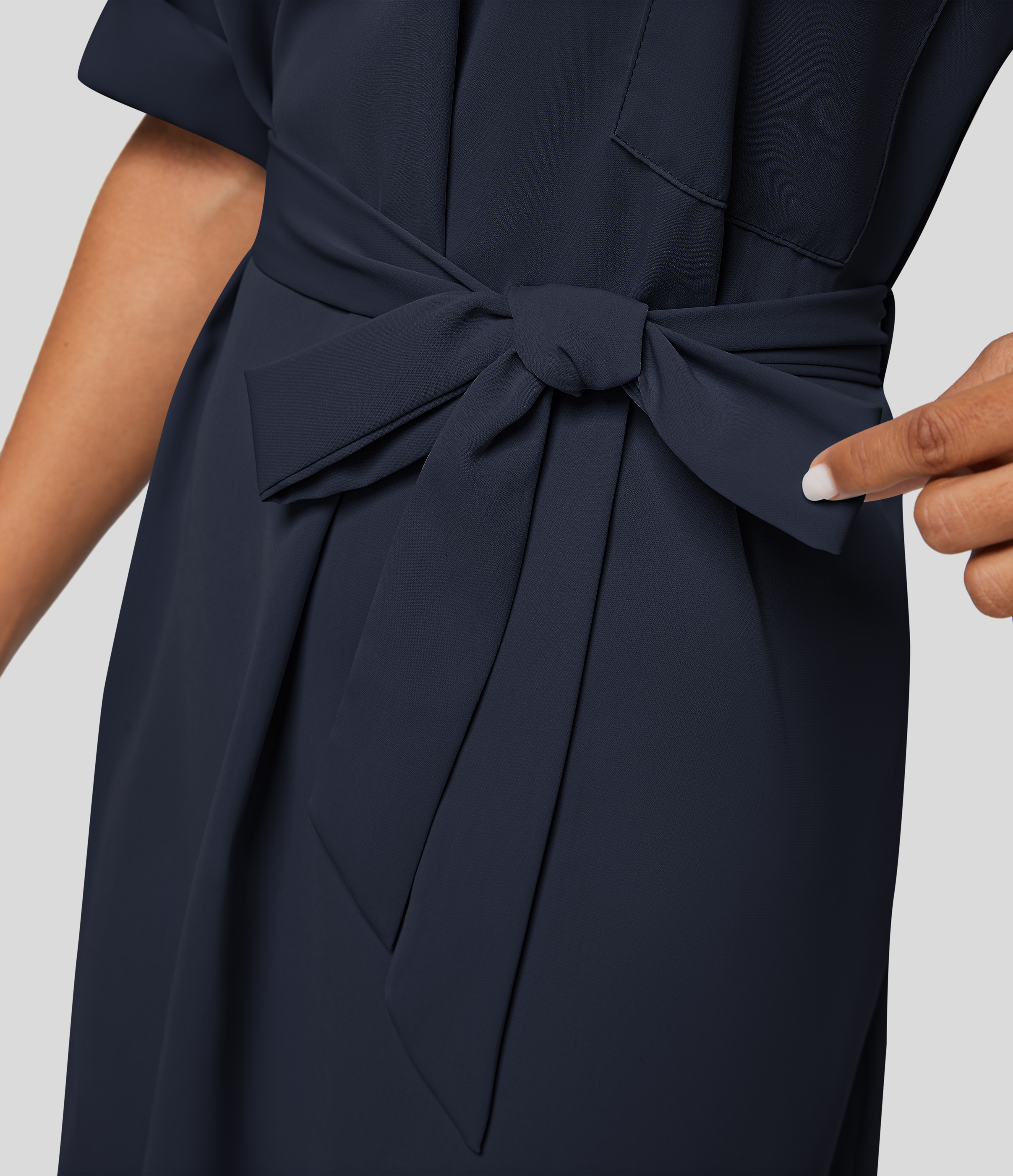 Halara Collared Roll Up Sleeve Belted Midi Work Shirt Dress Casual Dress - Patriot Blue - S slip dress beach dress ruched dress halter dress 