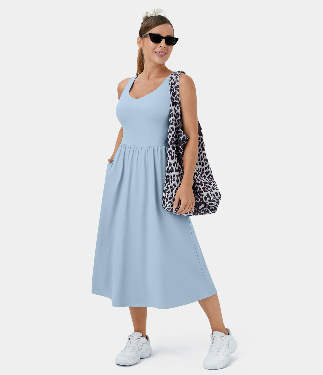 Halara Softlyzeroв„ў Airy V Neck Backless Side Pocket Midi Cool Touch Casual Dress Workout Dress - Angel Falls - XS 
