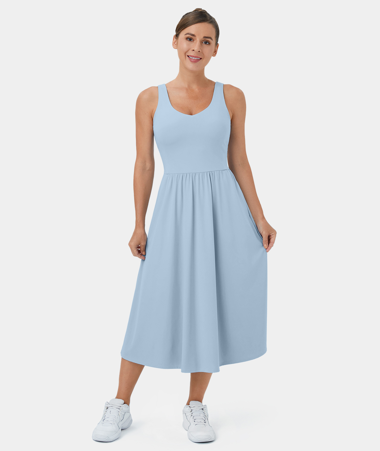 Halara Softlyzeroв„ў Airy V Neck Backless Side Pocket Midi Cool Touch Casual Dress Workout Dress - Angel Falls - XS 