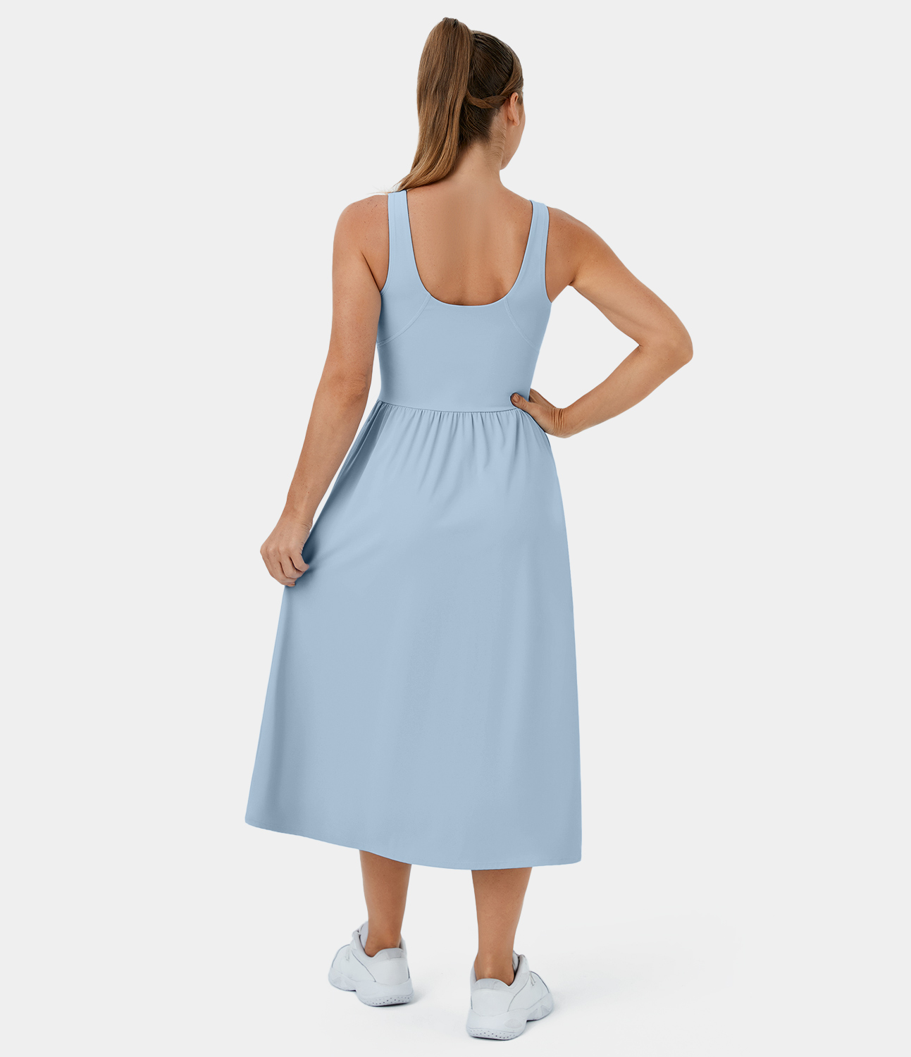 Halara Softlyzeroв„ў Airy V Neck Backless Side Pocket Midi Cool Touch Casual Dress Workout Dress - Angel Falls - XS 