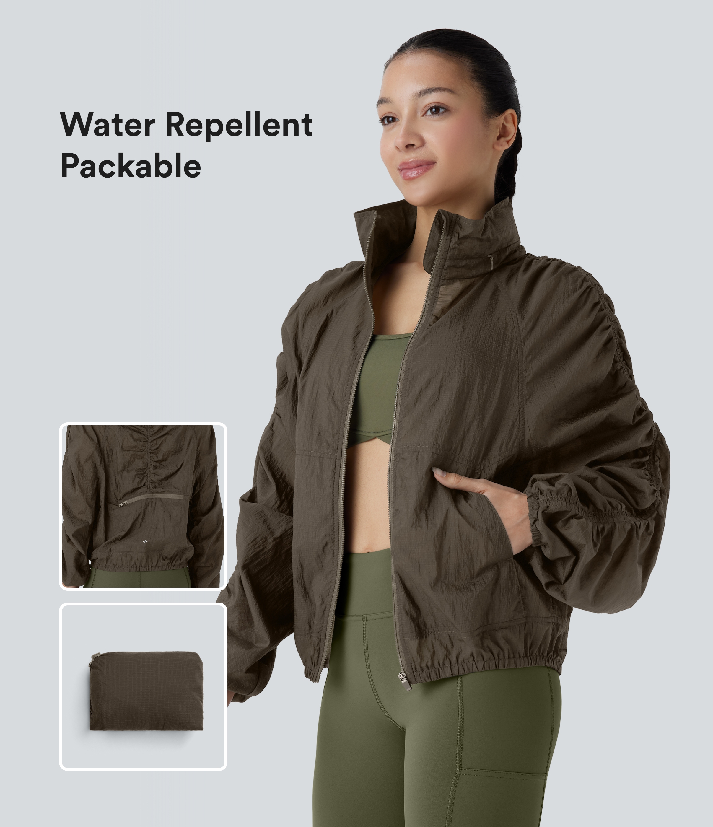 Veste de randonnée imperméable légère et compactable avec capuche rabattable, manches froncées et poches latérales