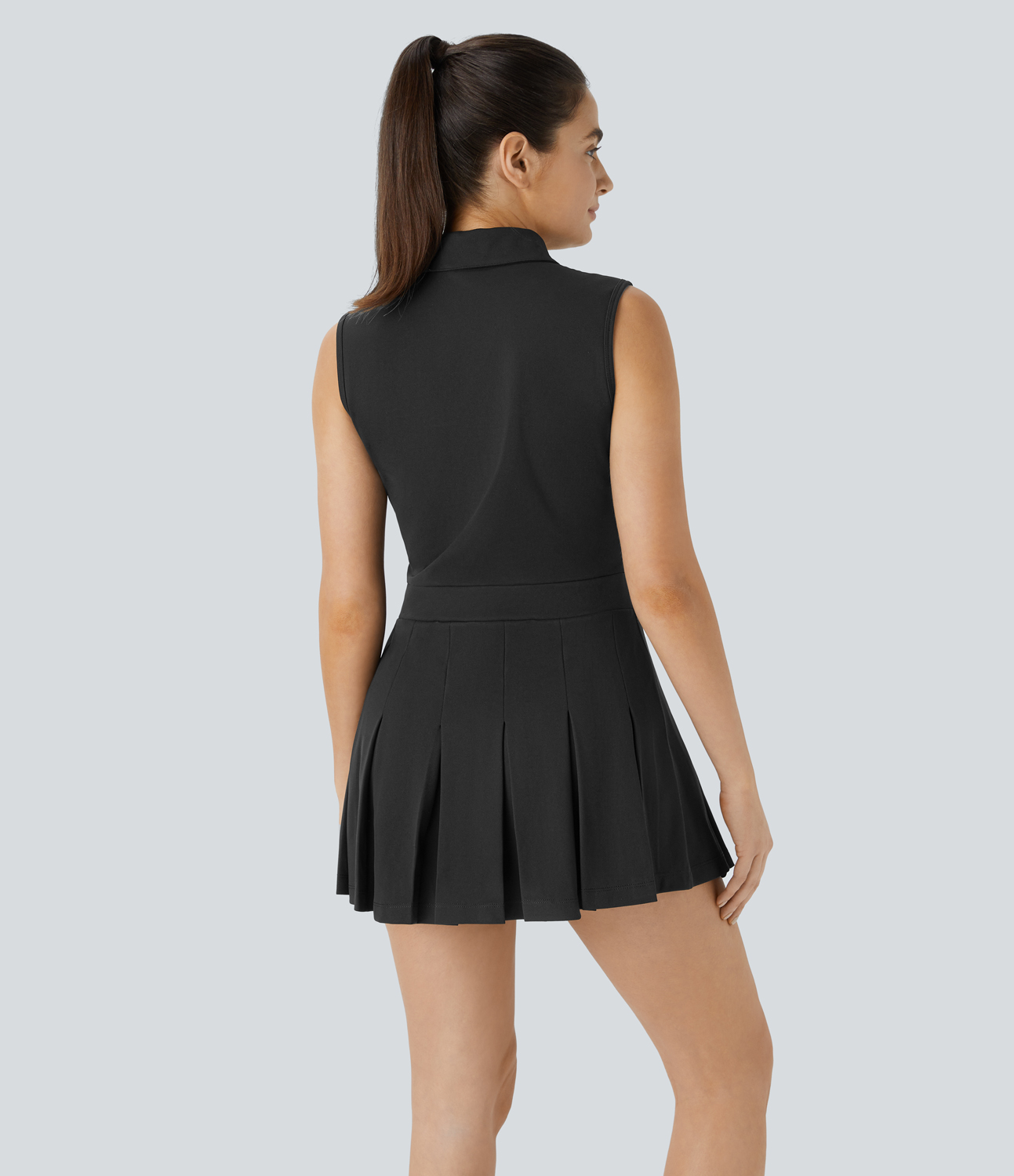 Halara Polo Collar Half Zip Sleeveless Pleated Mini Tennis Active Dress Workout Dress - Black - XS 