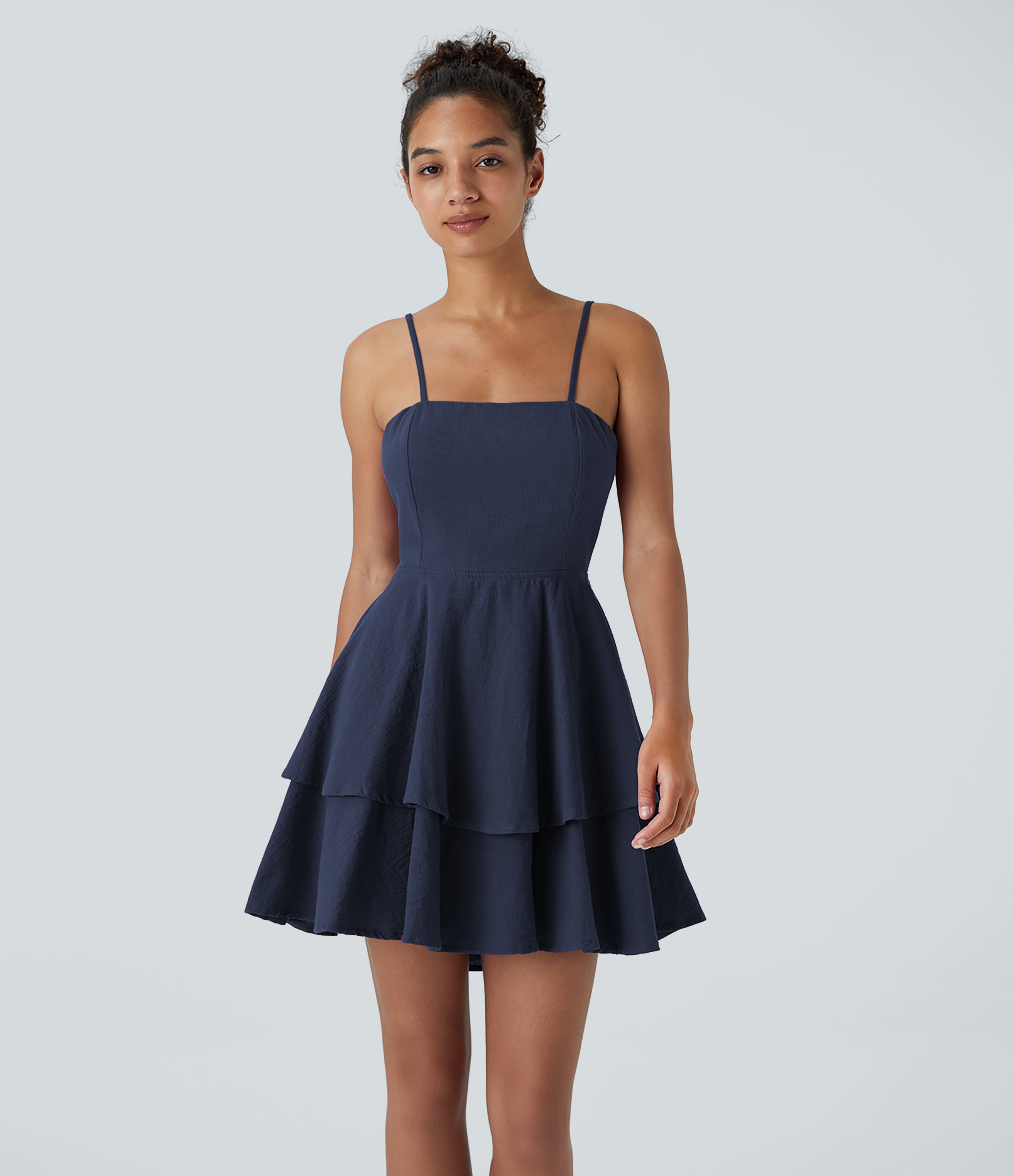 Halara Backless Adjustable Strap Tie Back Tiered Ruffle Flowy Slip Mini Casual Linen-Feel Dress Casual Dress - Black Diamond Blue - S 