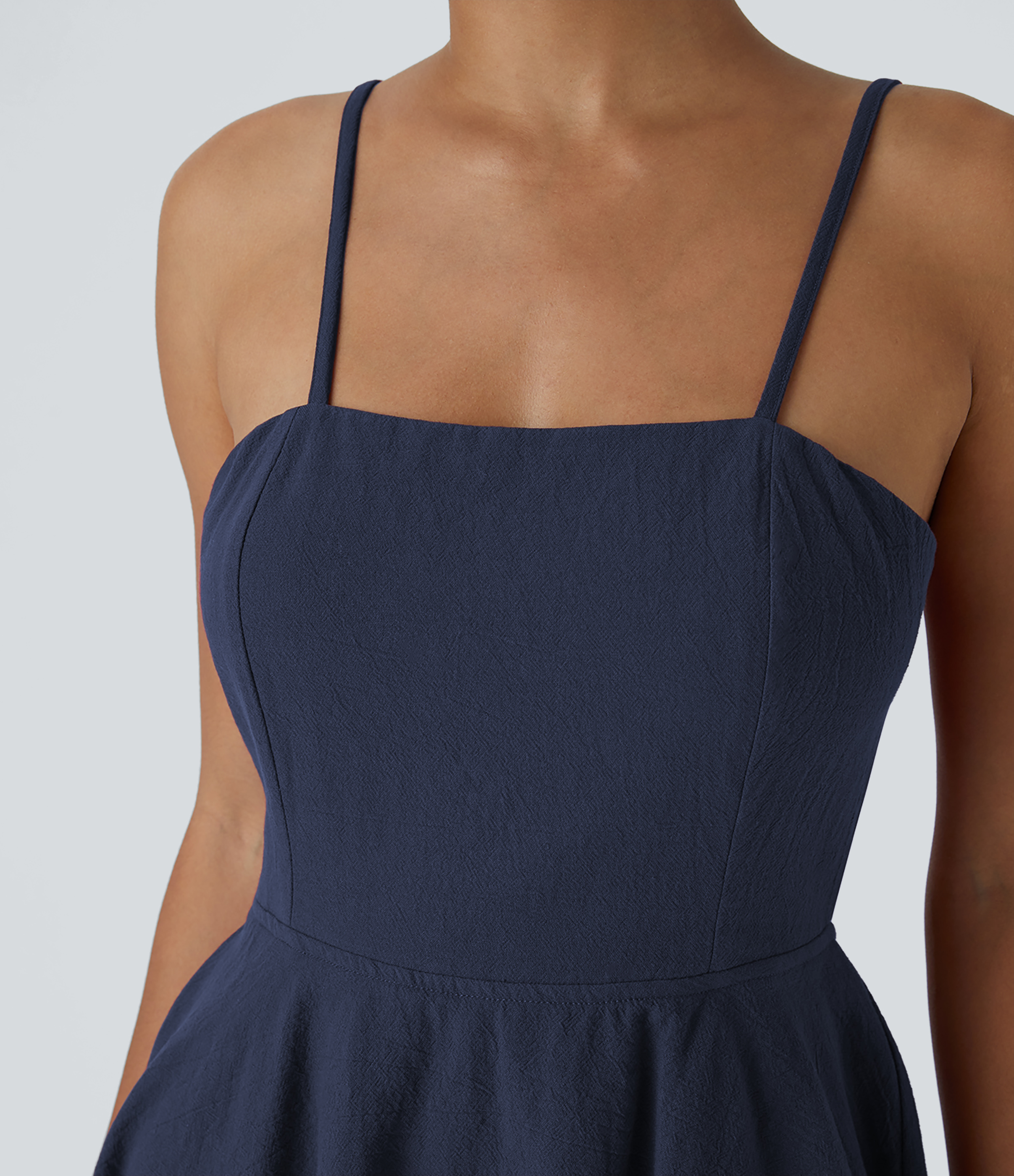 Halara Backless Adjustable Strap Tie Back Tiered Ruffle Flowy Slip Mini Casual Linen-Feel Dress Casual Dress - Black Diamond Blue - S 