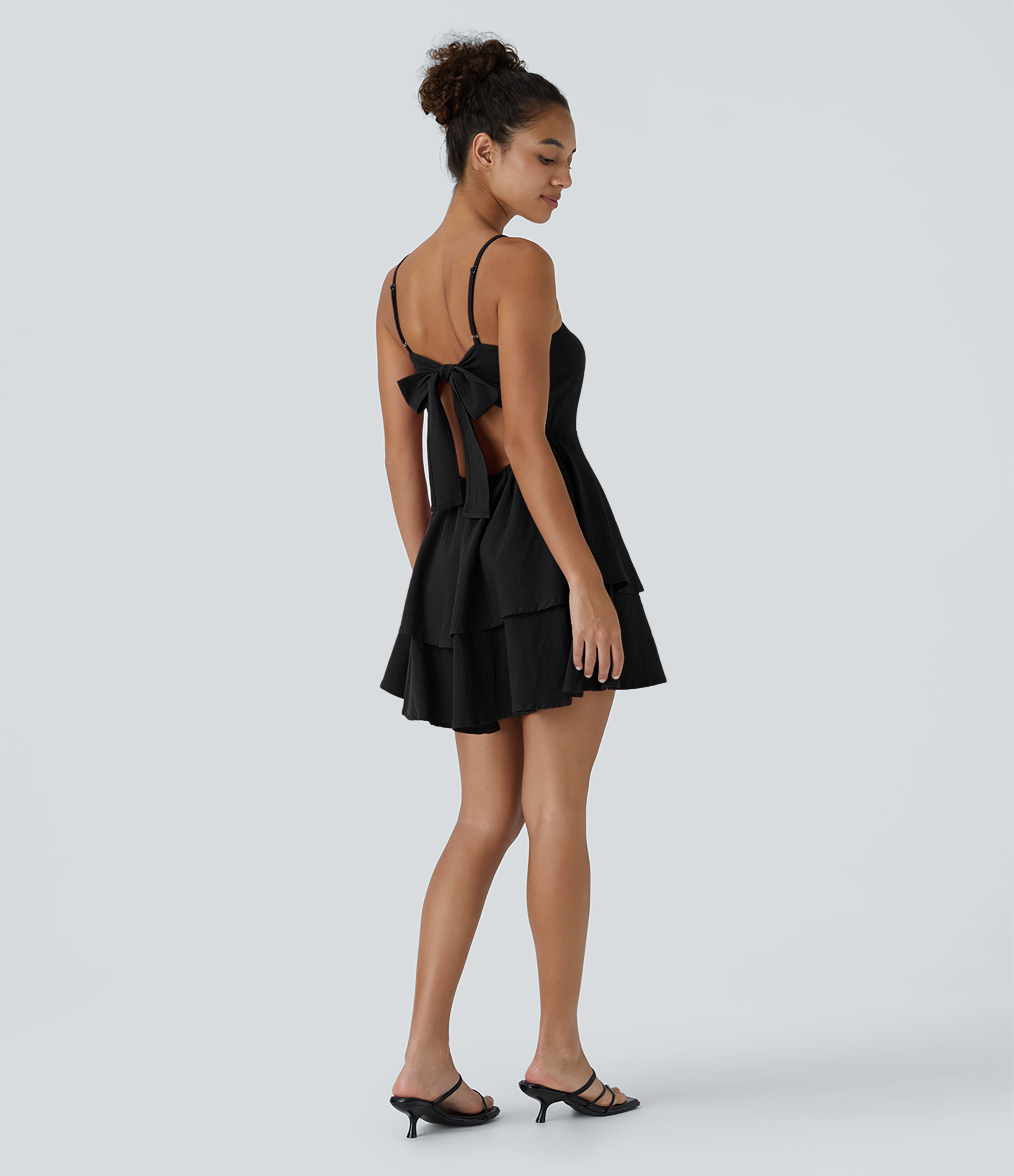 Halara Backless Adjustable Strap Tie Back Tiered Ruffle Flowy Slip Mini Casual Cotton Dress Casual Dress - Black - S slip dress beach dress 