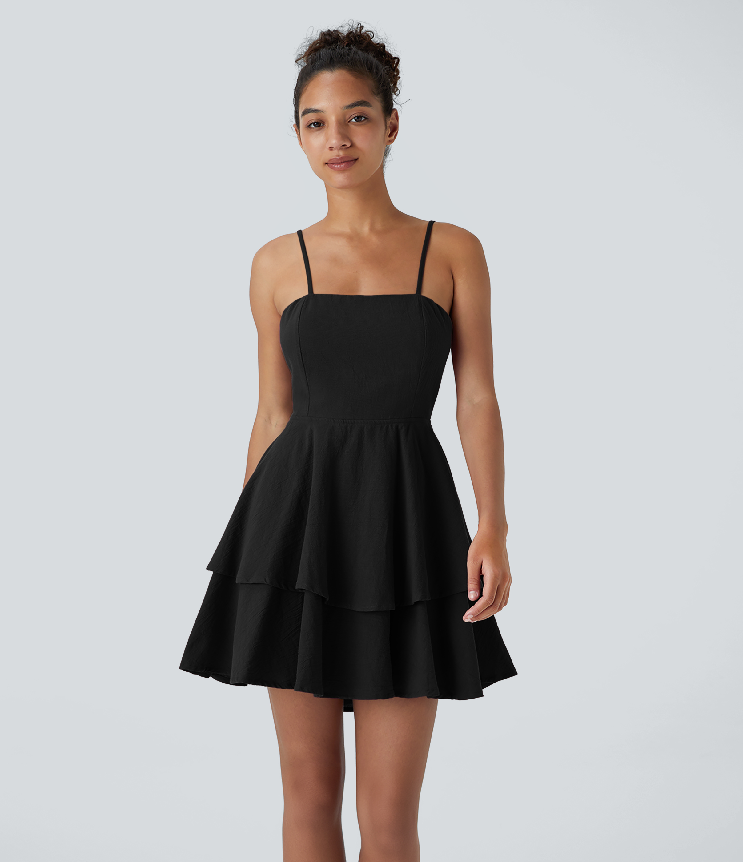 Halara Backless Adjustable Strap Tie Back Tiered Ruffle Flowy Slip Mini Casual Cotton Dress Casual Dress - Black - S slip dress beach dress 