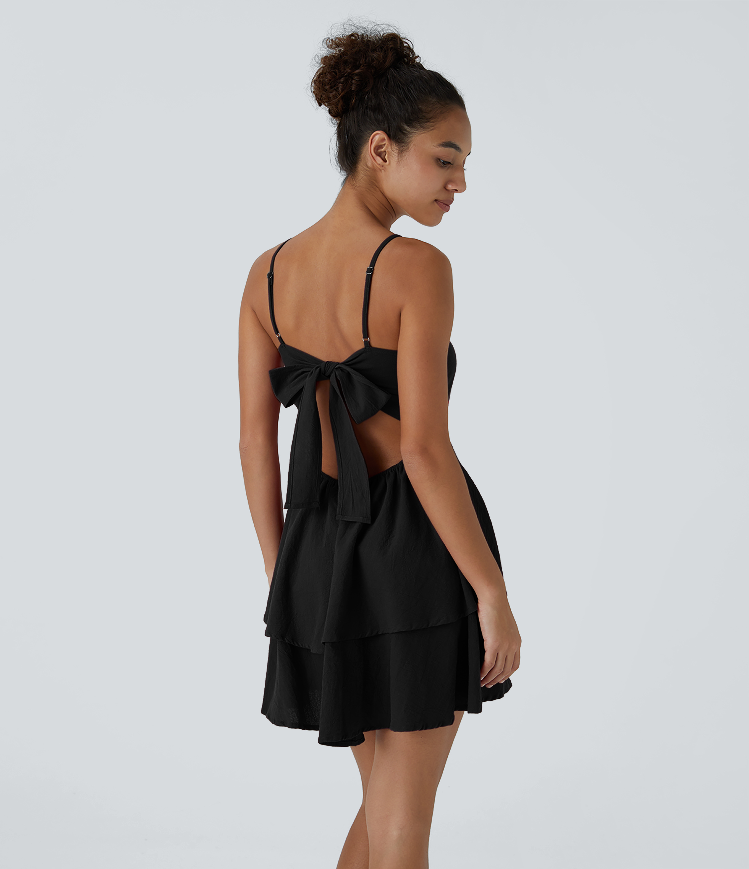 Halara Backless Adjustable Strap Tie Back Tiered Ruffle Flowy Slip Mini Casual Cotton Dress Casual Dress - Black - S slip dress beach dress 