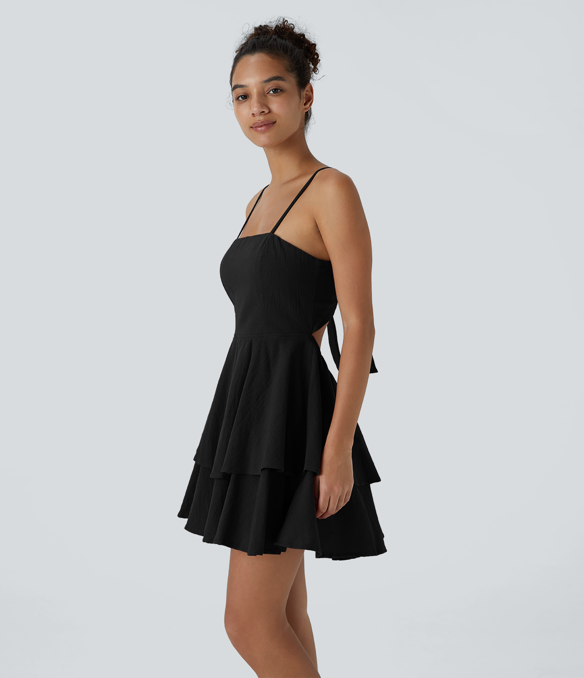Halara Backless Adjustable Strap Tie Back Tiered Ruffle Flowy Slip Mini Casual Cotton Dress Casual Dress - Black - S slip dress beach dress 