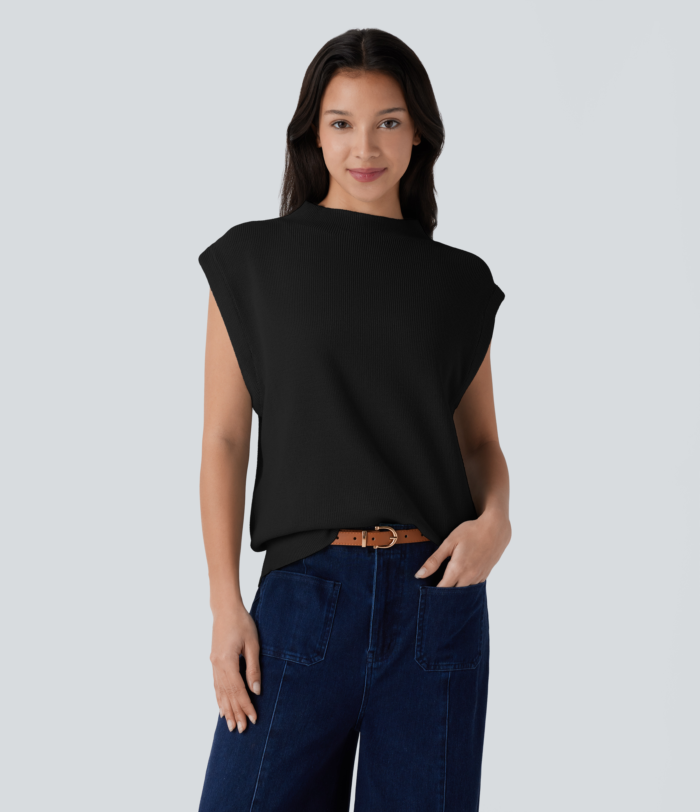 Halara Mock Neck Cap Sleeve Casual Sweater  - Black - XL 