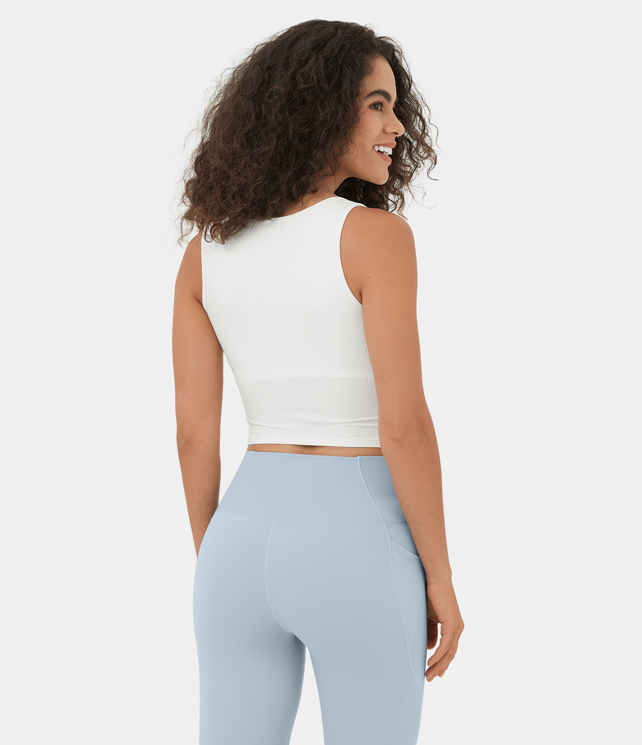 Halara Ribbed Knit Asymmetric Cut Out Cropped Yoga Tank Top Tank Top - White - XS golf tops halter top tunic tops sleeveless tops 