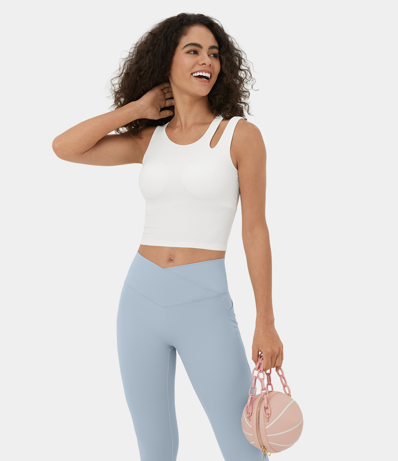Halara Ribbed Knit Asymmetric Cut Out Cropped Yoga Tank Top Tank Top - White - XS golf tops halter top tunic tops sleeveless tops 