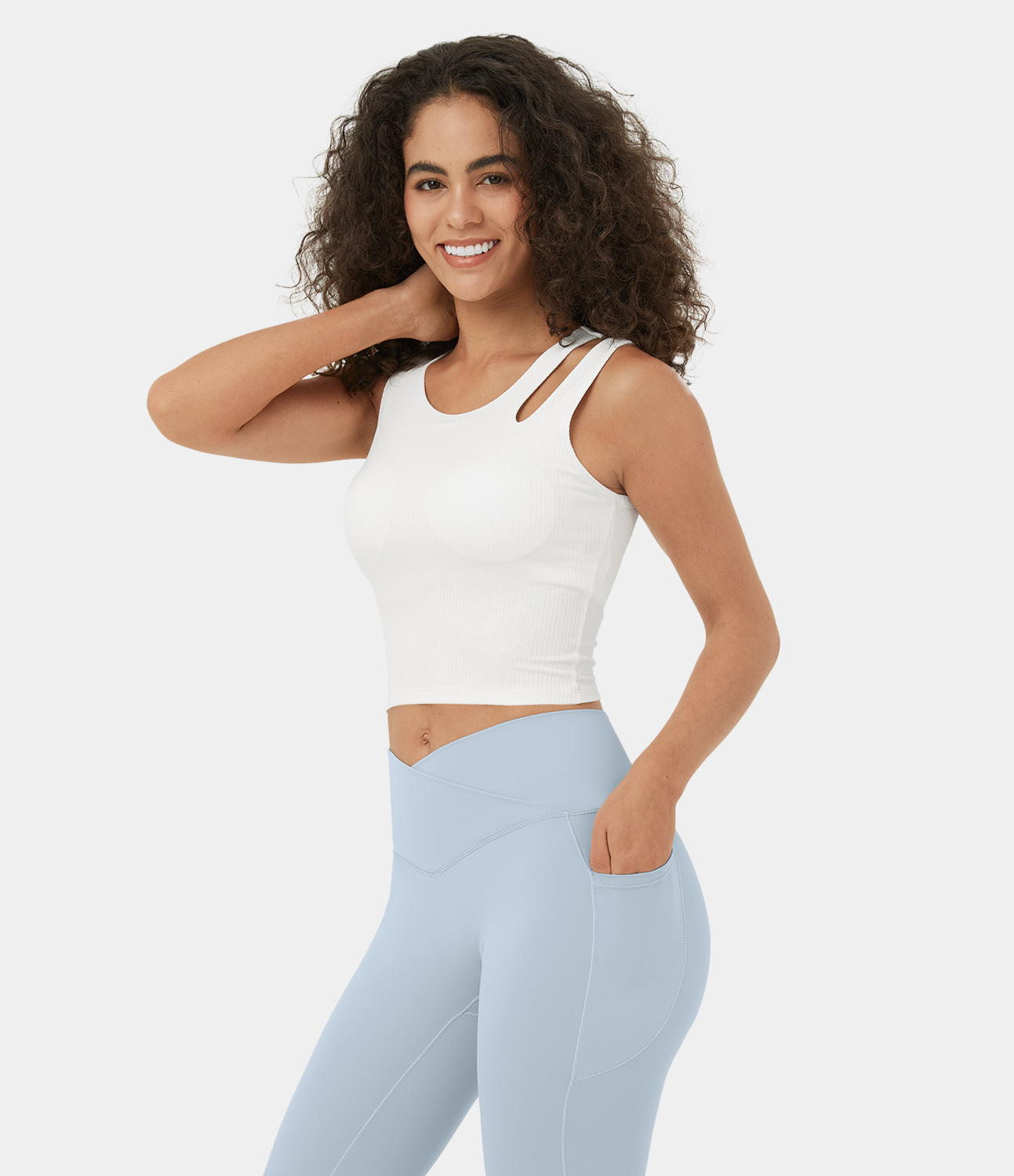 Halara Ribbed Knit Asymmetric Cut Out Cropped Yoga Tank Top Tank Top - White - XS golf tops halter top tunic tops sleeveless tops 