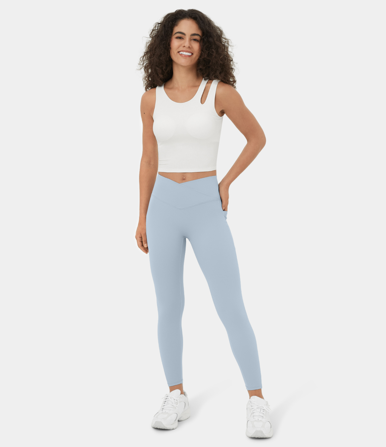 Halara Ribbed Knit Asymmetric Cut Out Cropped Yoga Tank Top Tank Top - White - XS golf tops halter top tunic tops sleeveless tops 