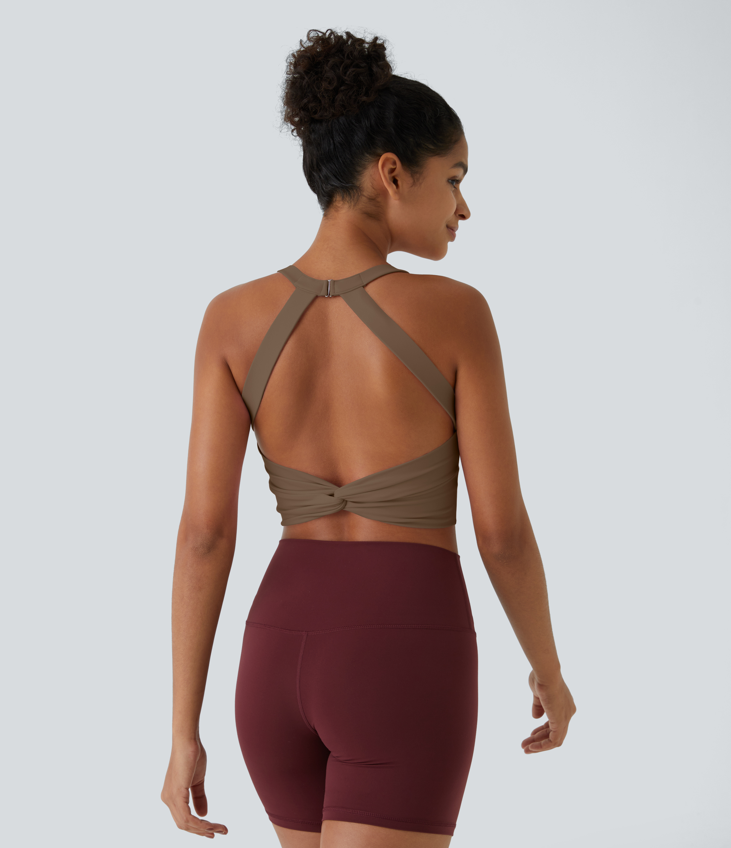 Halara Cloudfulв„ў Fabric Backless Cut Out Twisted Cropped Yoga Tank Top Tank Top - Reddish Brown - XS golf tops halter top tunic tops 