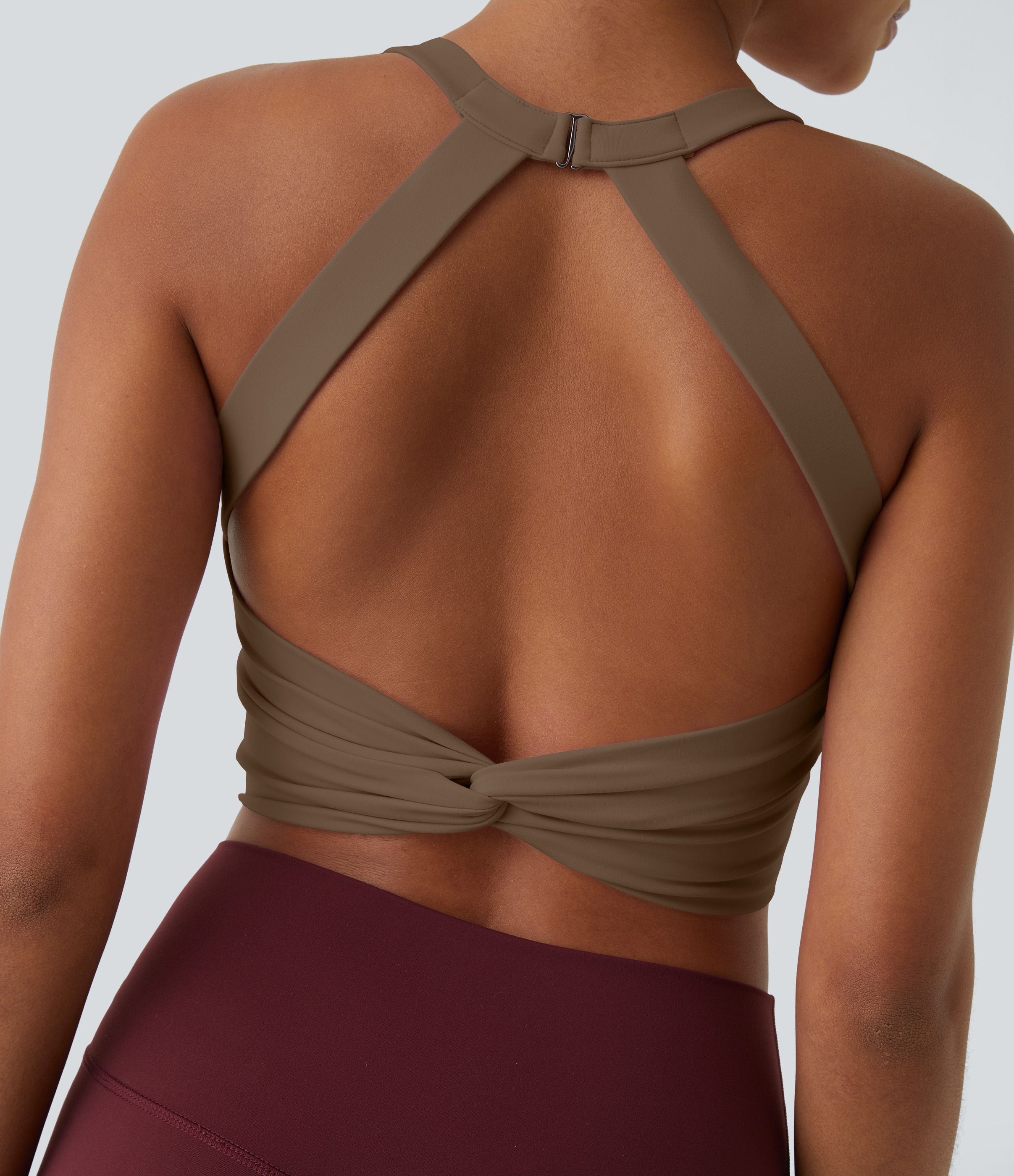 Halara Cloudfulв„ў Fabric Backless Cut Out Twisted Cropped Yoga Tank Top Tank Top - Reddish Brown - XS golf tops halter top tunic tops 
