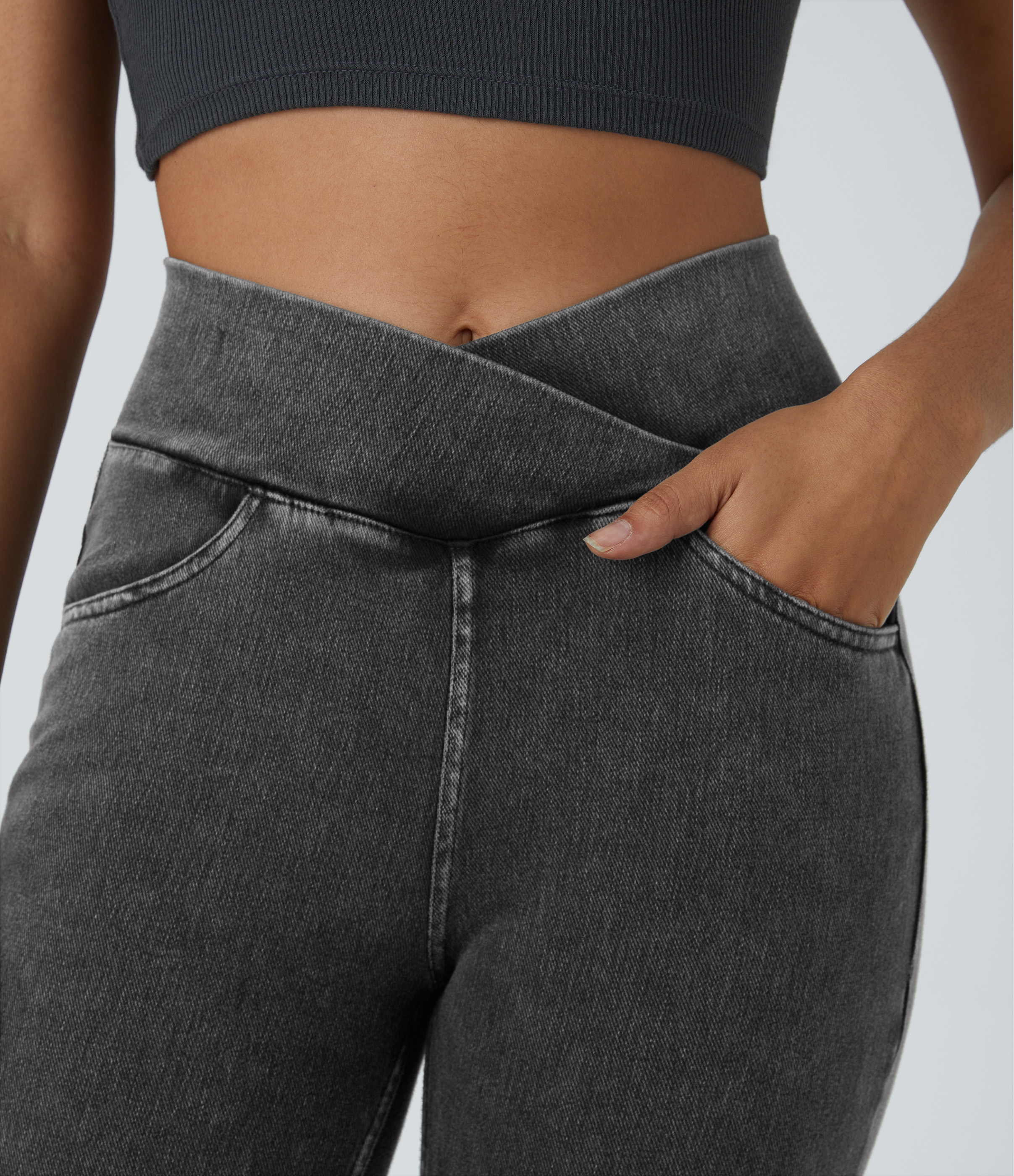 Halara HalaraMagicв„ў Jeans High Waisted Crossover Multiple Pockets Stretchy Knit Denim Work Leggings  - Denim Black - XL 