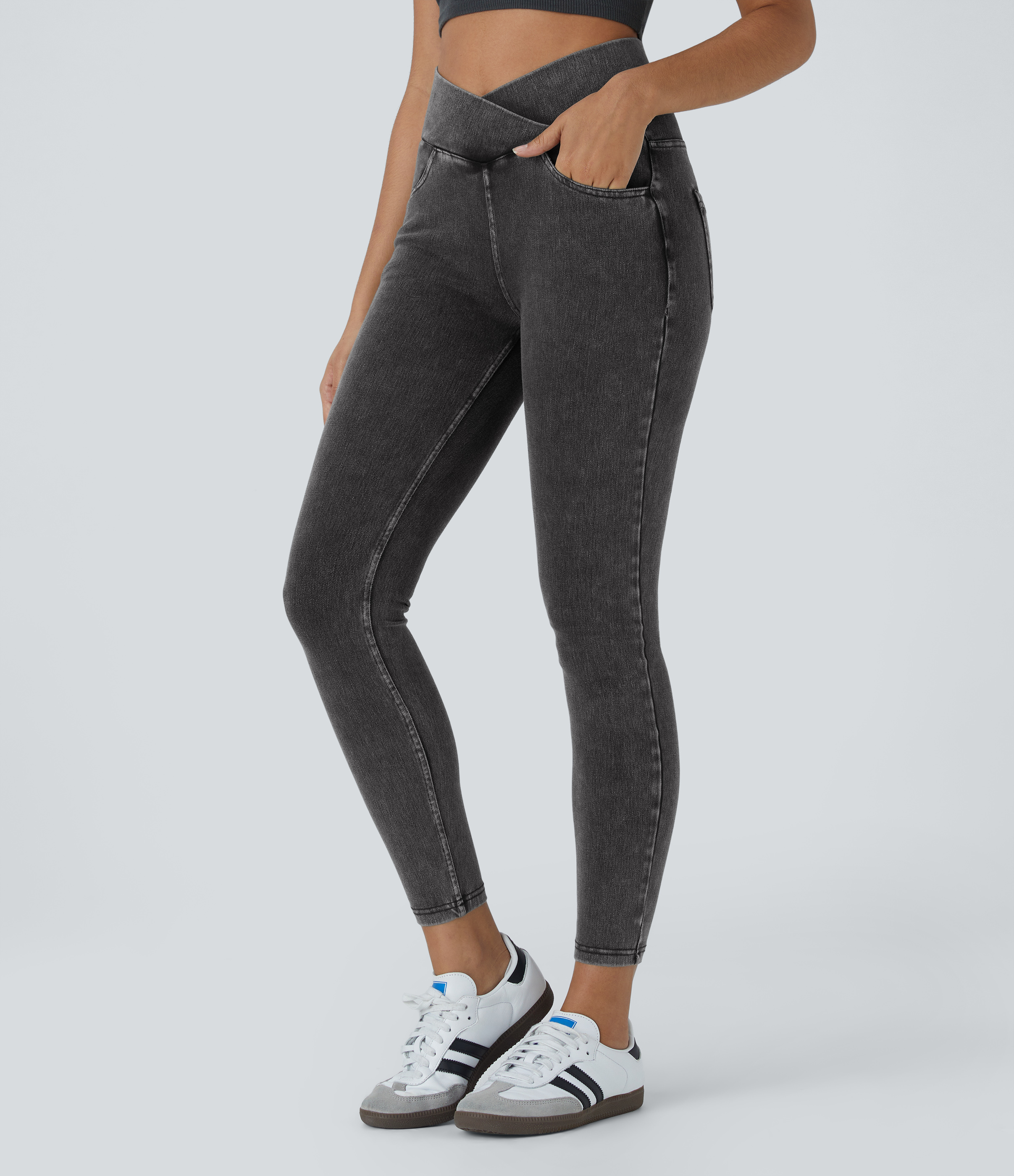 Halara HalaraMagicв„ў Jeans High Waisted Crossover Multiple Pockets Stretchy Knit Denim Work Leggings  - Denim Black - XL 