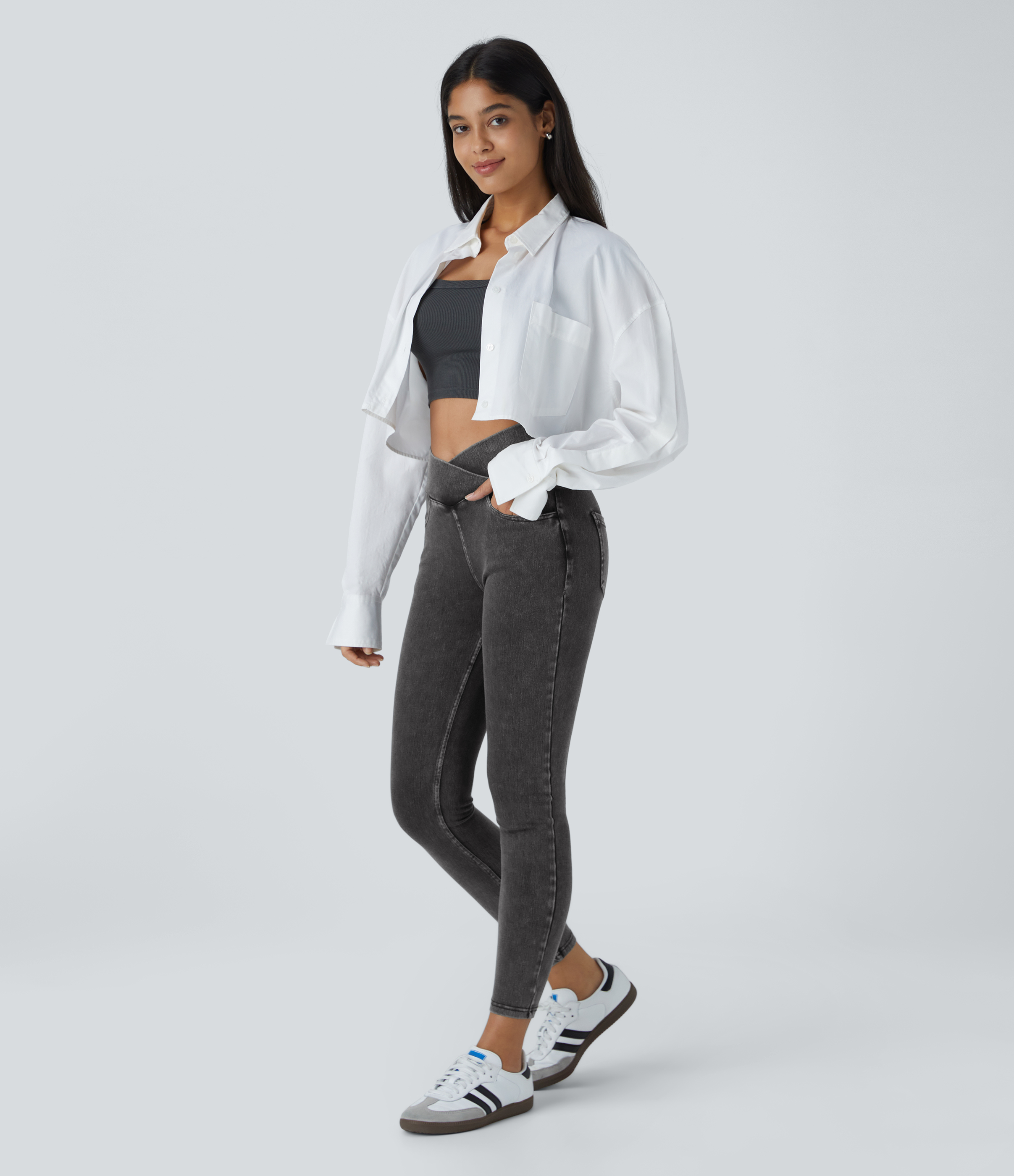 Halara HalaraMagicв„ў Jeans High Waisted Crossover Multiple Pockets Stretchy Knit Denim Work Leggings  - Denim Black - XL 