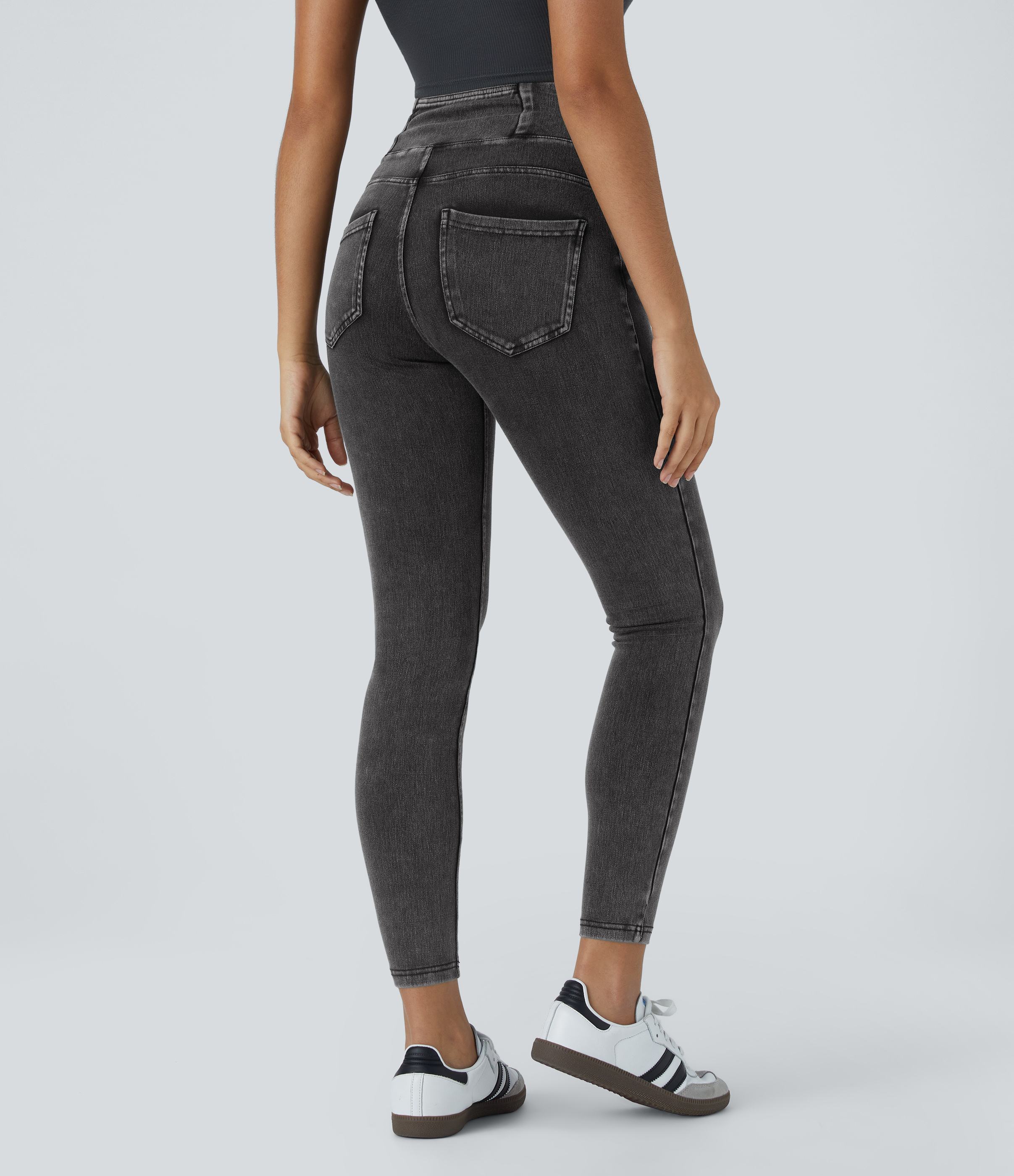 Halara HalaraMagicв„ў Jeans High Waisted Crossover Multiple Pockets Stretchy Knit Denim Work Leggings  - Denim Black - XL 