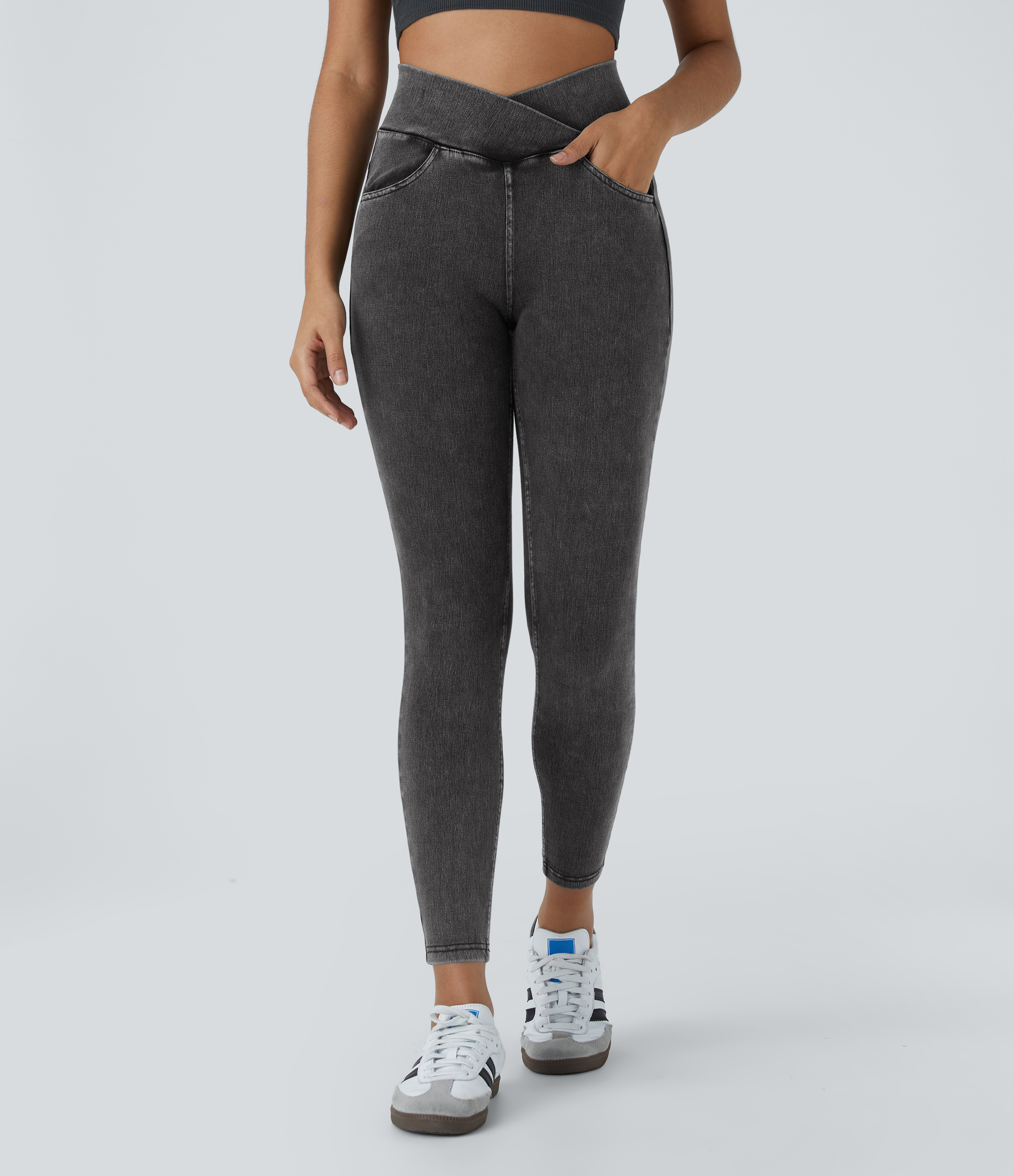 Halara HalaraMagicв„ў Jeans High Waisted Crossover Multiple Pockets Stretchy Knit Denim Work Leggings  - Denim Black - XL 