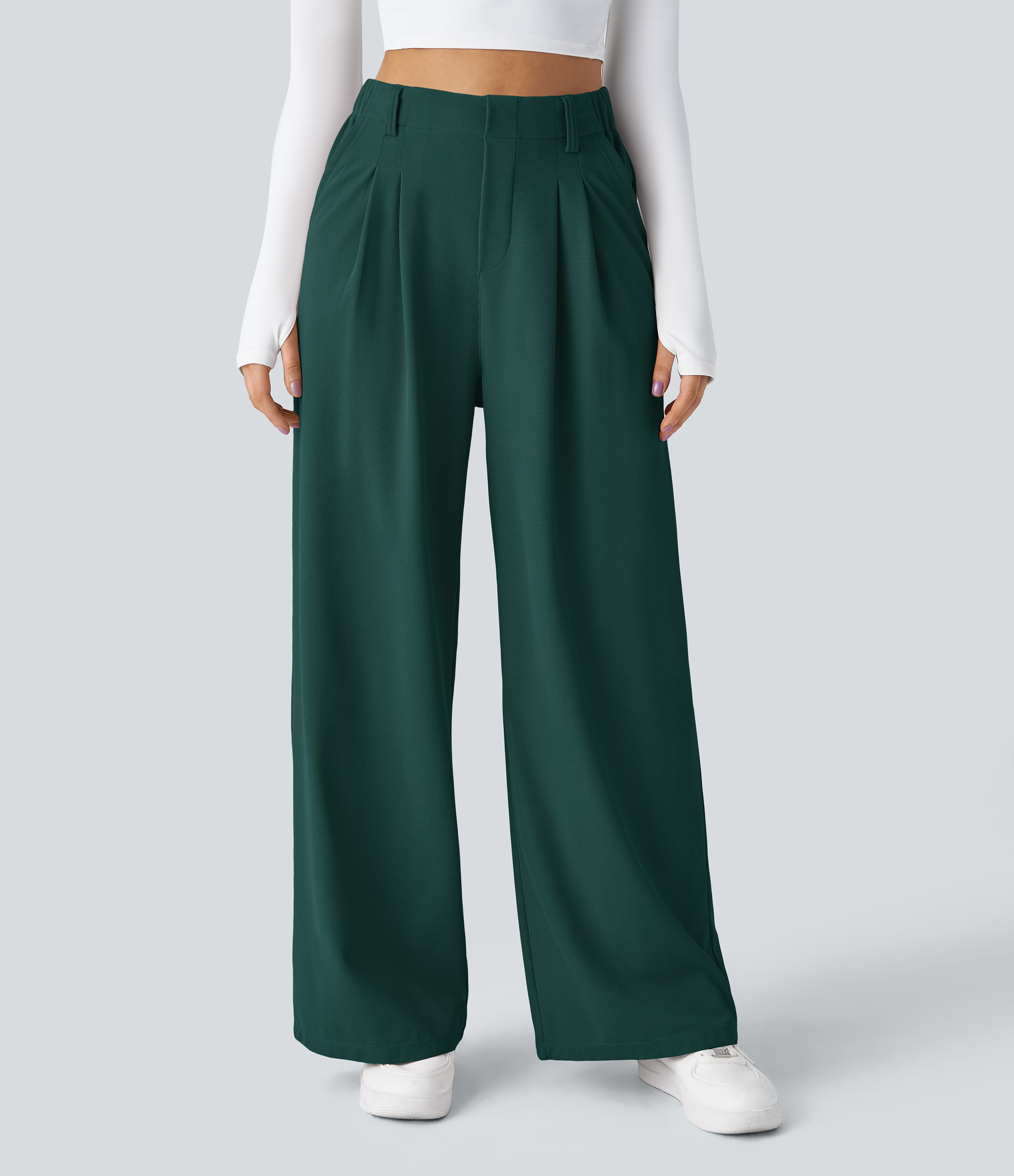Halara High Waisted Plicated Side Pocket Wide Leg Waffle Casual Pants  - Forest Biome - S(regular) sweatpants jogger pants stacked sweatpants 