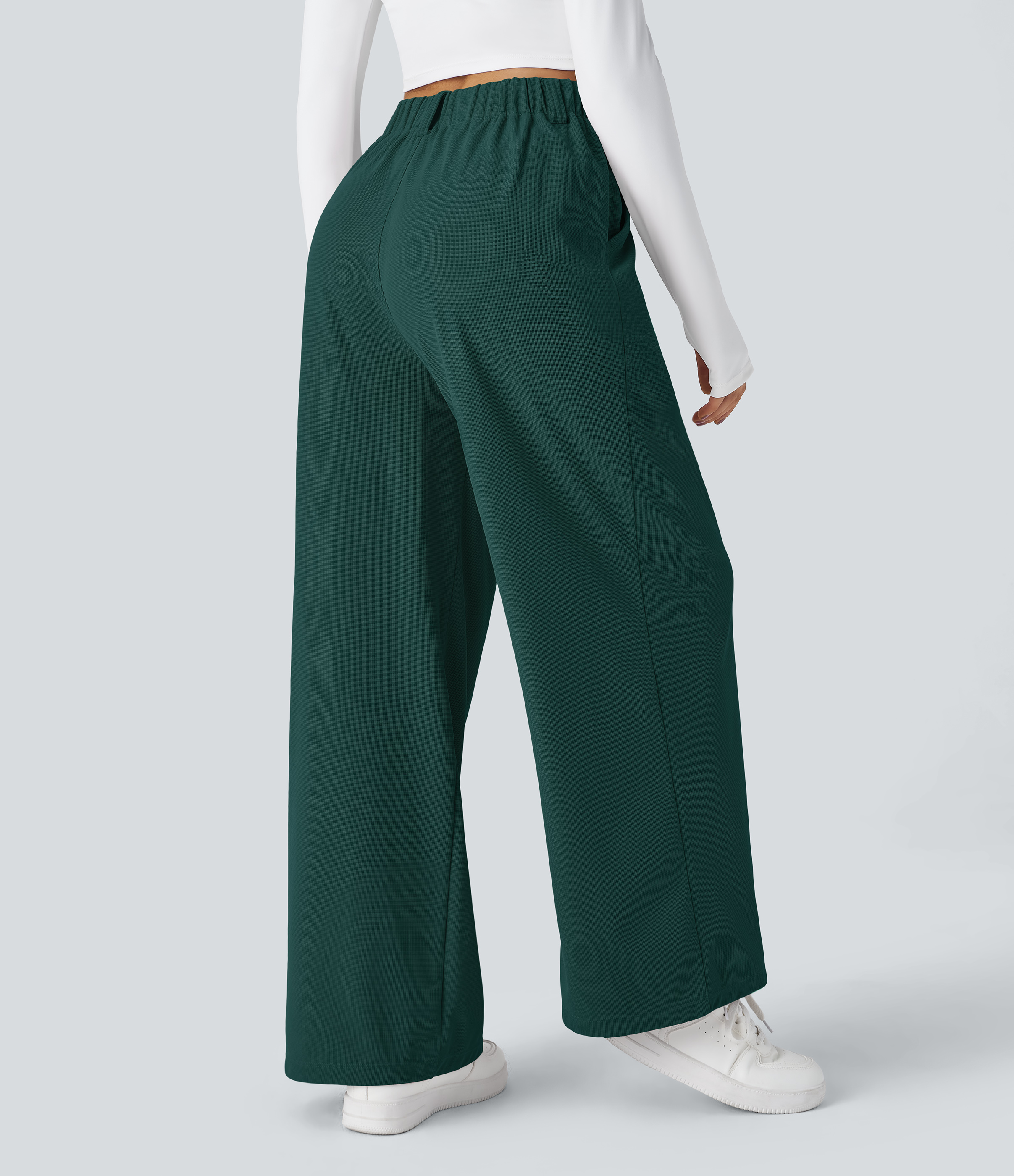 Halara High Waisted Plicated Side Pocket Wide Leg Waffle Casual Pants  - Forest Biome - S(regular) sweatpants jogger pants stacked sweatpants 