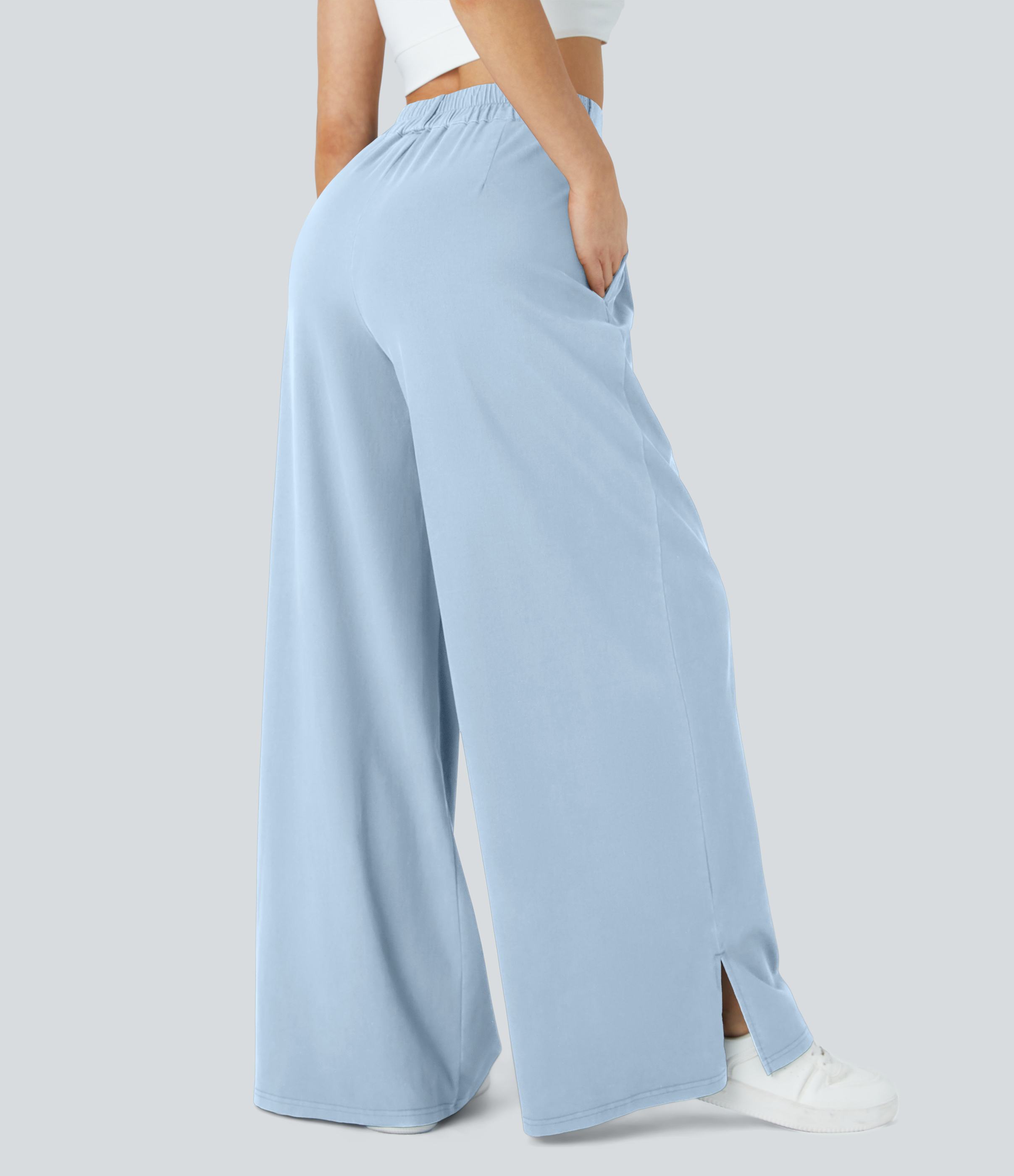 Halara High Waisted Button Zipper Split Hem Wide Leg Casual Pants  - Omphalodes - XS sweatpants jogger pants stacked sweatpants cargo joggers 