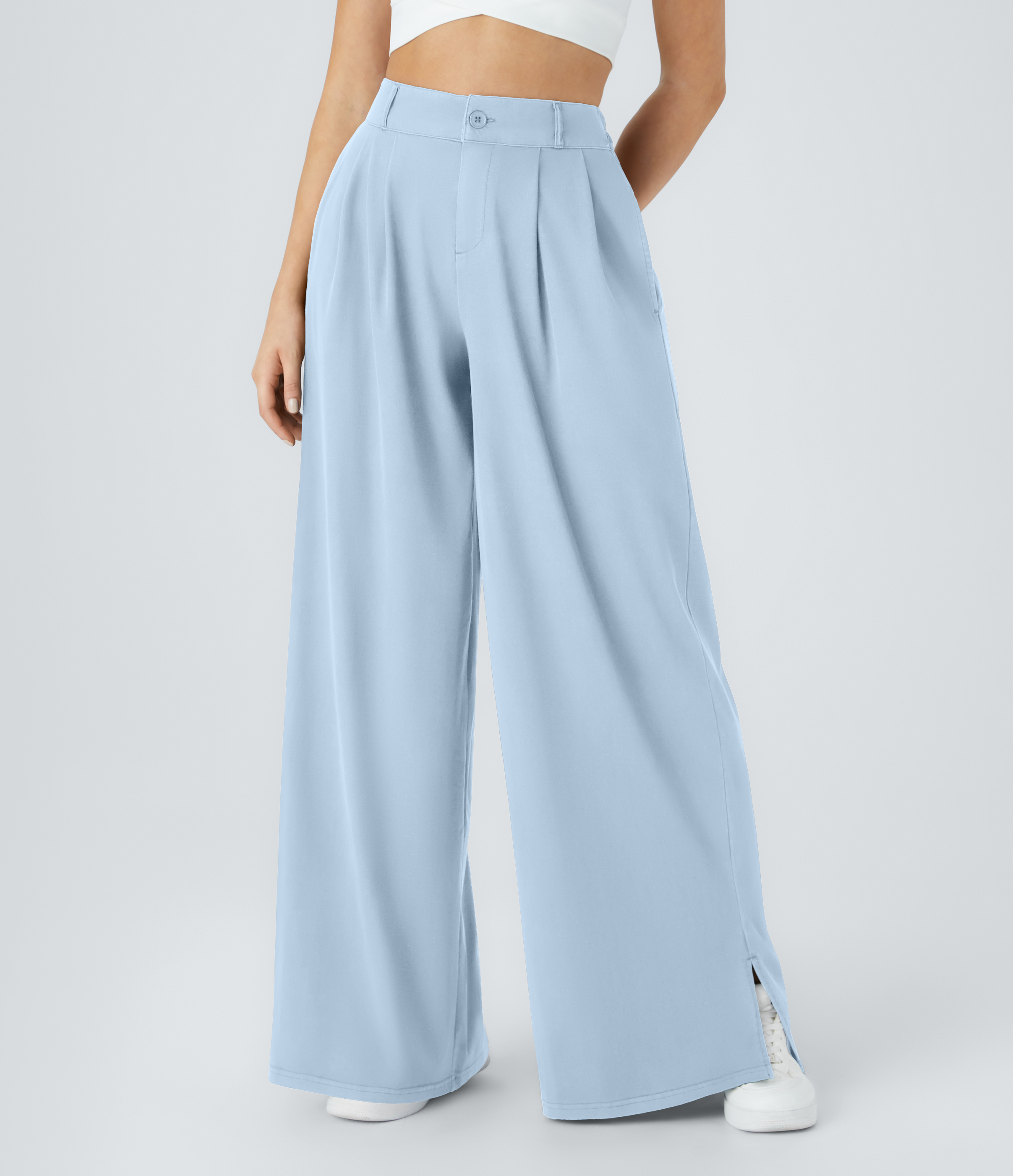 Halara High Waisted Button Zipper Split Hem Wide Leg Casual Pants  - Omphalodes - XS sweatpants jogger pants stacked sweatpants cargo joggers 