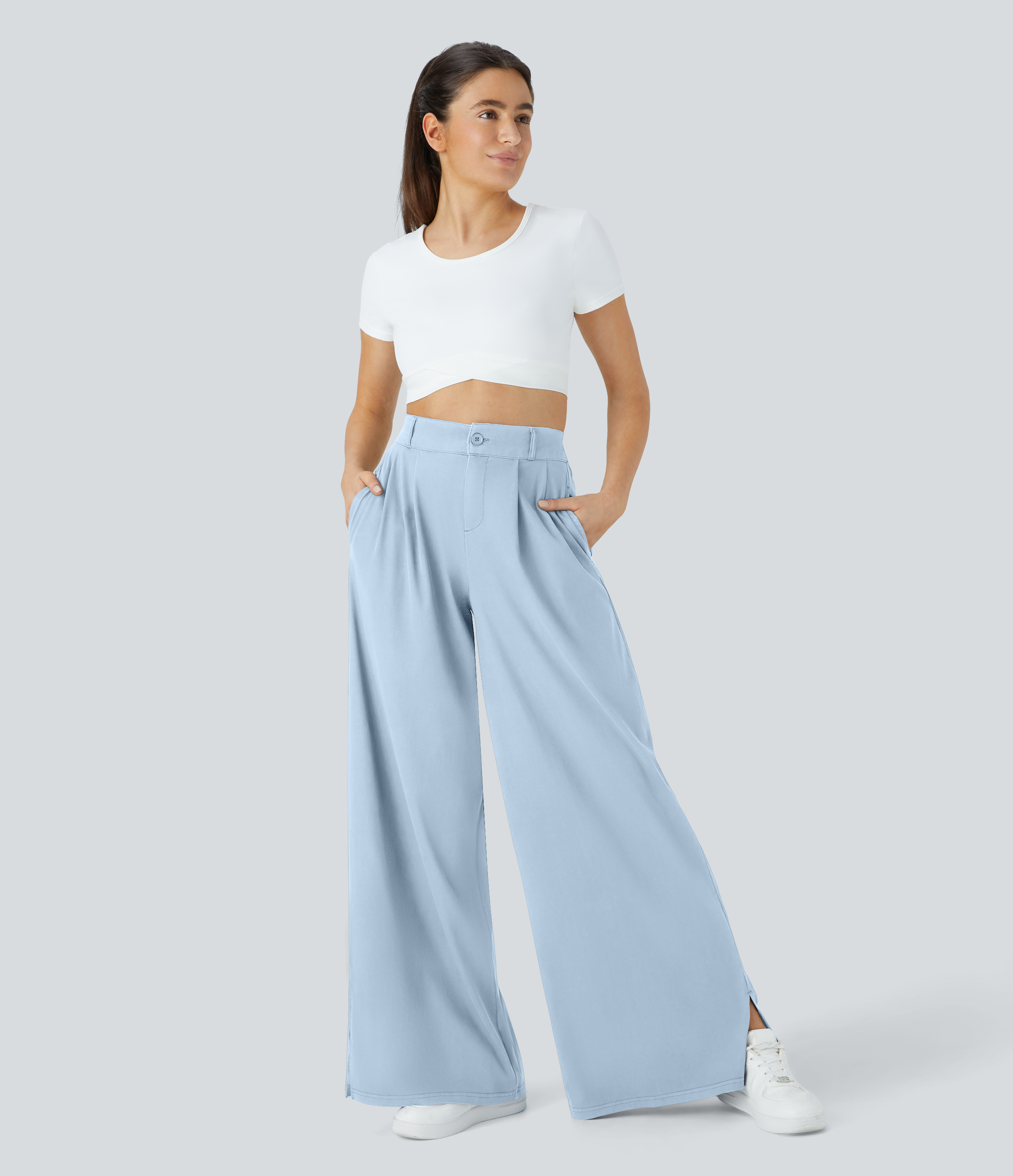 Halara High Waisted Button Zipper Split Hem Wide Leg Casual Pants  - Omphalodes - XS sweatpants jogger pants stacked sweatpants cargo joggers 