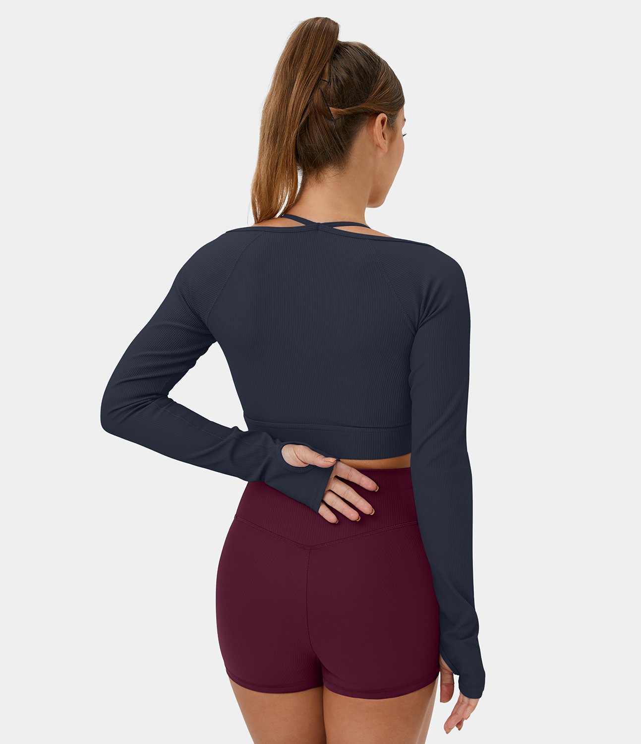

Halara Ribbed Halter Strap Thumb Hole Cropped Yoga Sports Top - Navy Blazer