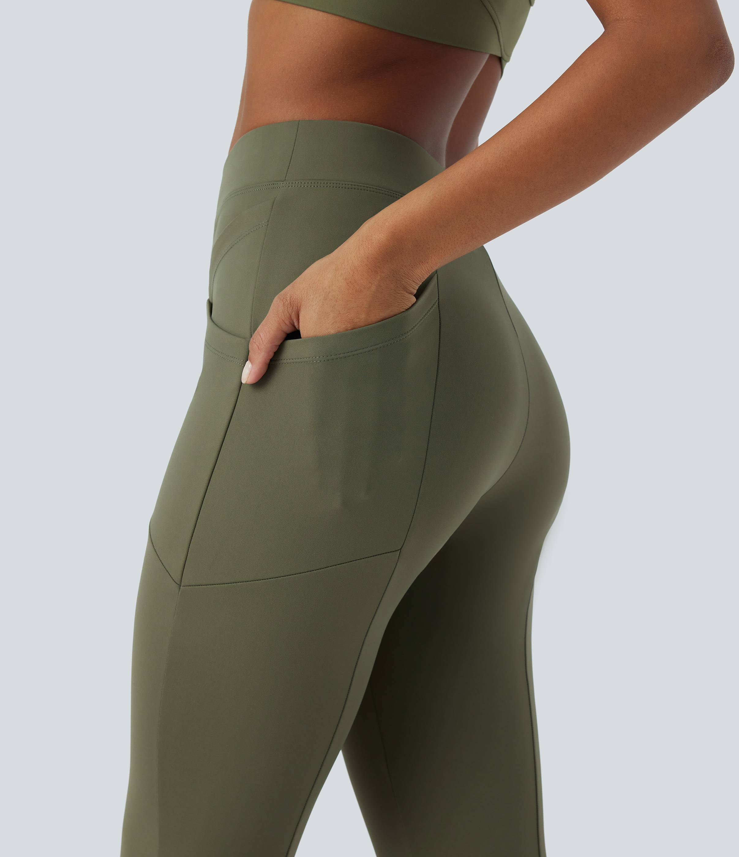 Halara Softlyzeroв„ў Fleece High Waisted Multiple Pockets 7/8 Yoga Leggings  - Grass Grey Green - XL(7/8) 