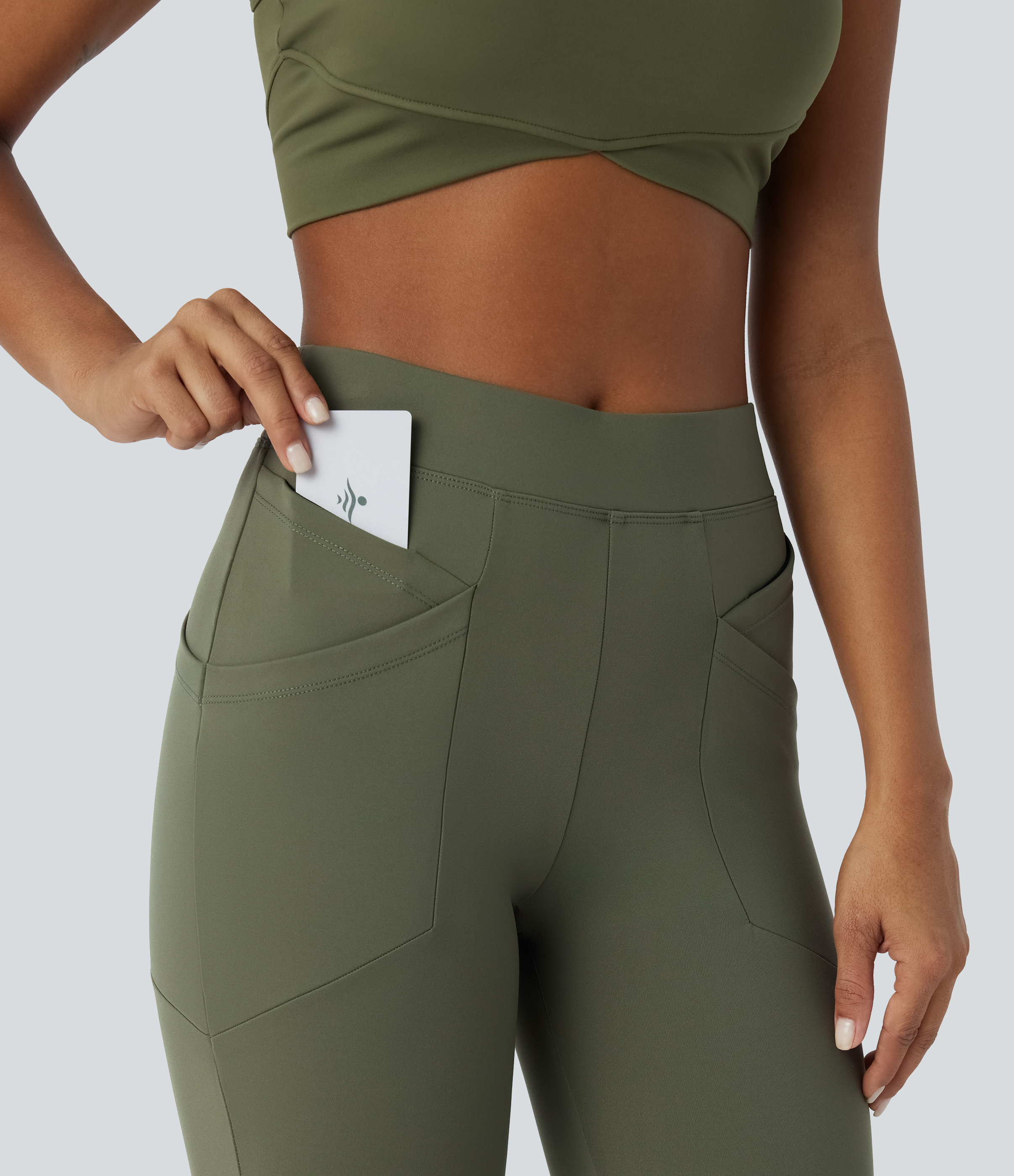 Halara Softlyzeroв„ў Fleece High Waisted Multiple Pockets 7/8 Yoga Leggings  - Grass Grey Green - XL(7/8) 