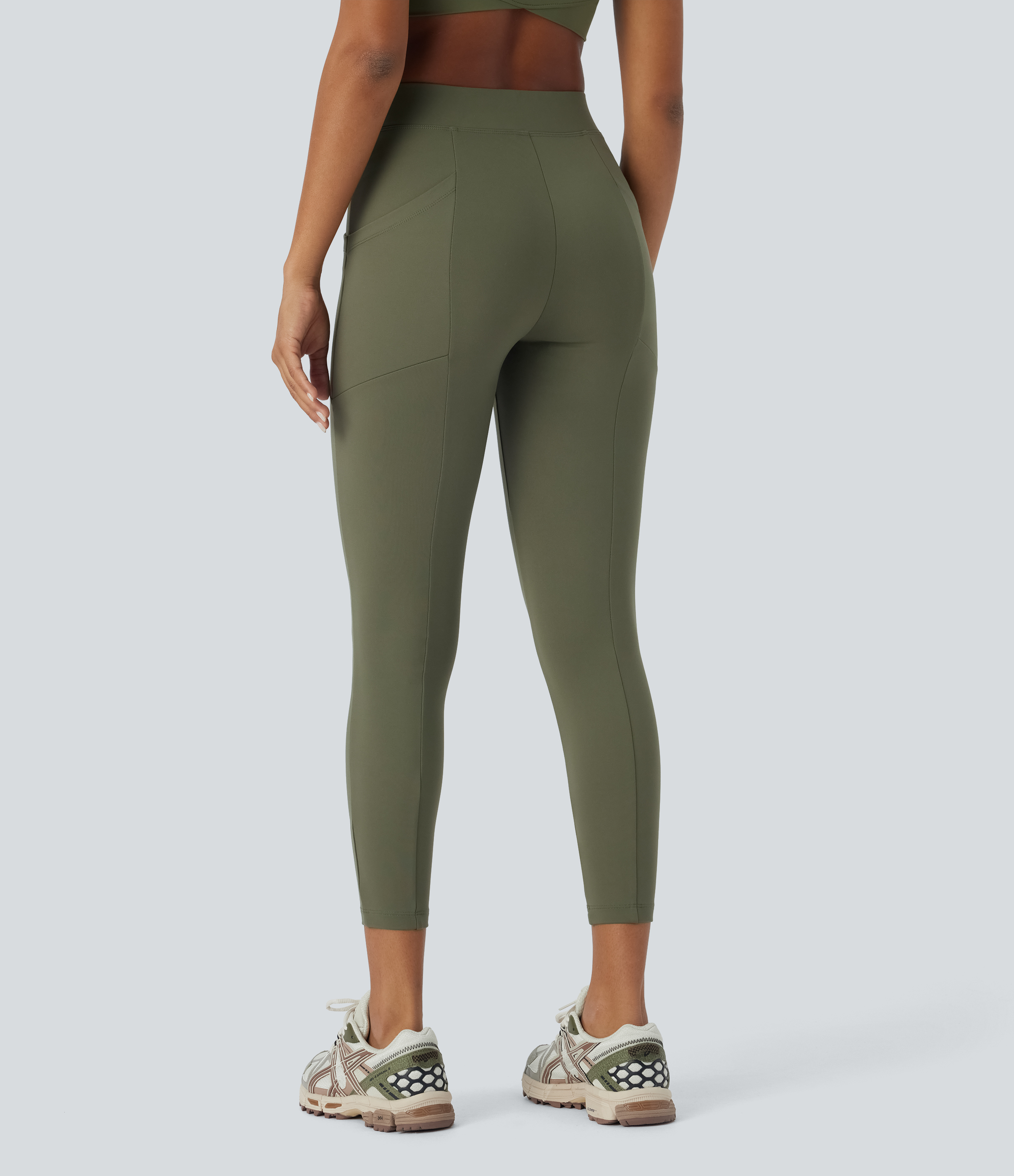 Halara Softlyzeroв„ў Fleece High Waisted Multiple Pockets 7/8 Yoga Leggings  - Grass Grey Green - XL(7/8) 