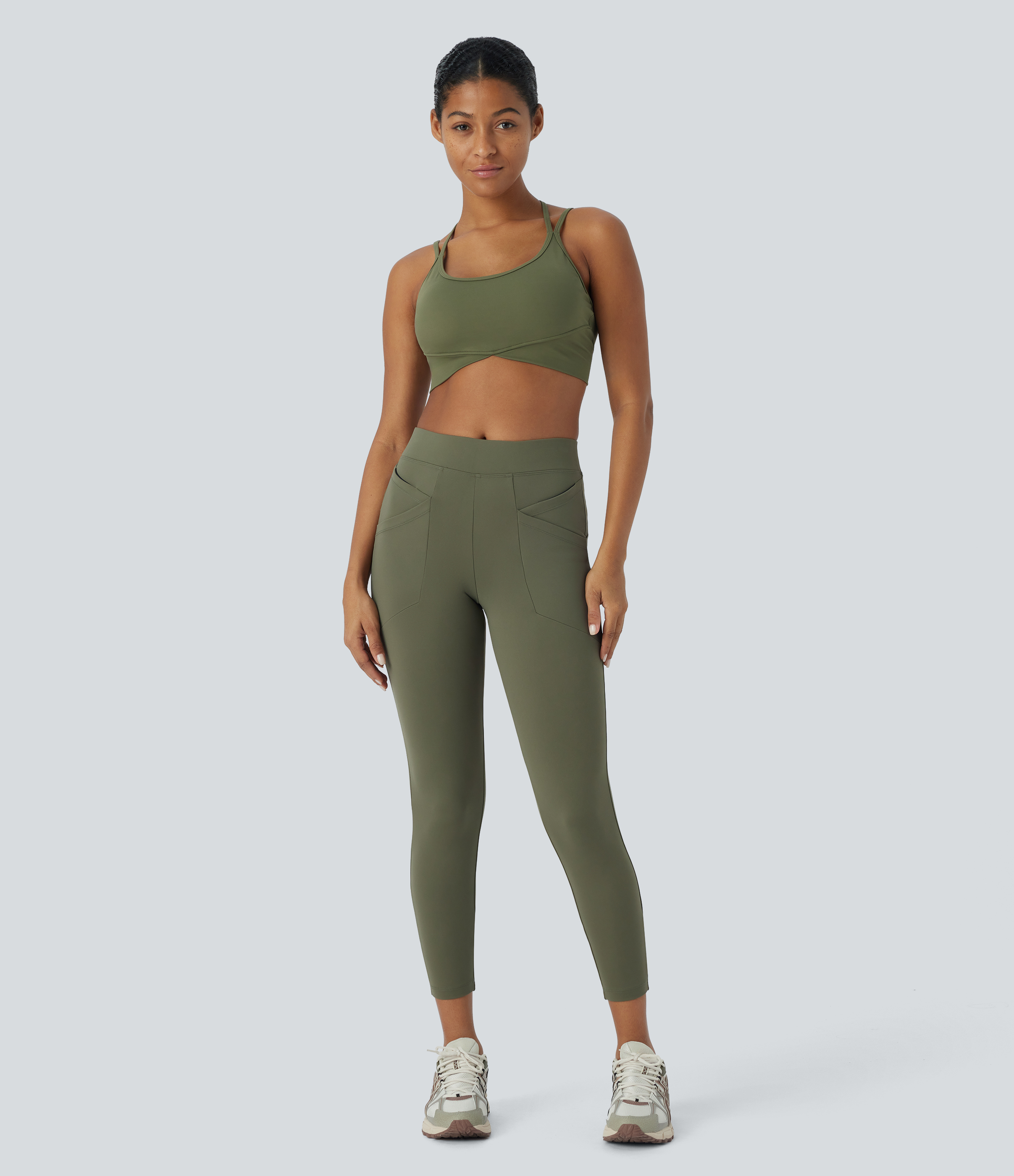 Halara Softlyzeroв„ў Fleece High Waisted Multiple Pockets 7/8 Yoga Leggings  - Grass Grey Green - XL(7/8) 