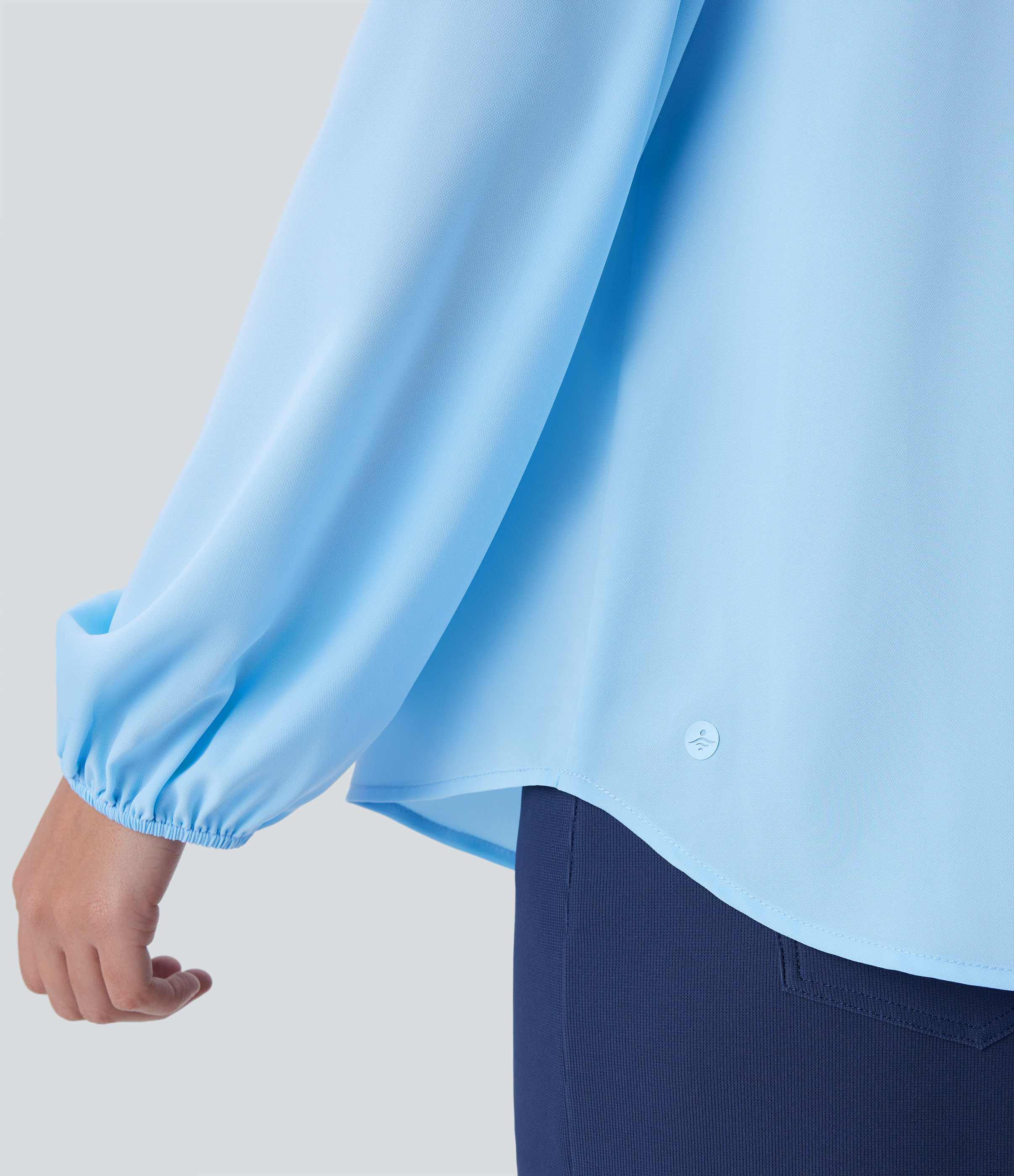 Halara Stand Collar Button Cold Shoulder Bishop Sleeve Casual Blouse  - Rippling Blue - L 