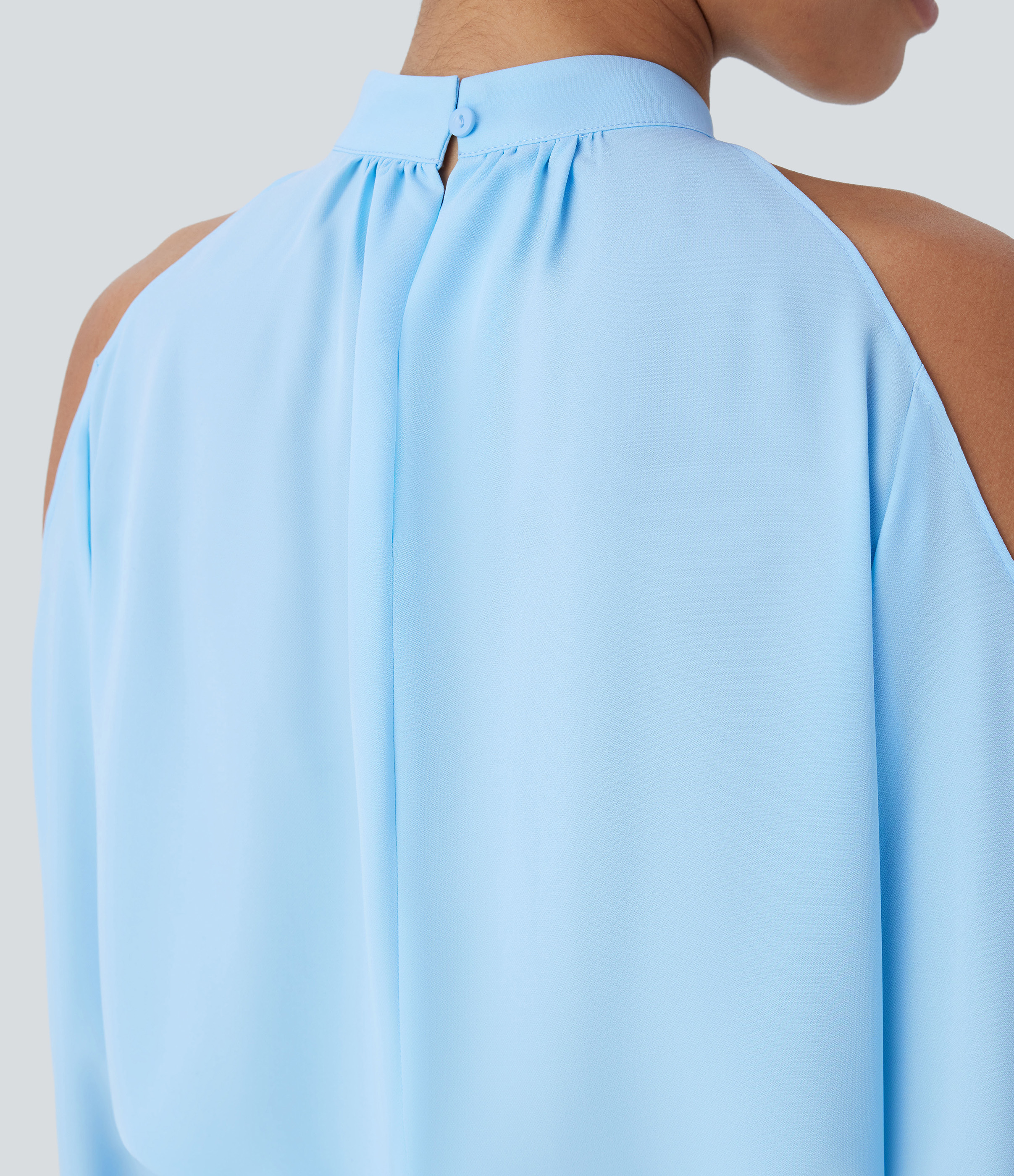 Halara Stand Collar Button Cold Shoulder Bishop Sleeve Casual Blouse  - Rippling Blue - L 