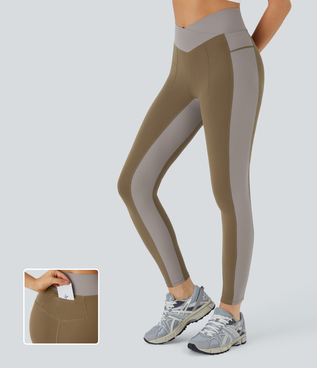 Halara Softlyzeroв„ў Mid Rise Crossover Color Block Back Waistband Pocket 7/8 Yoga Leggings  - Chestnut Brown - M gym leggings 