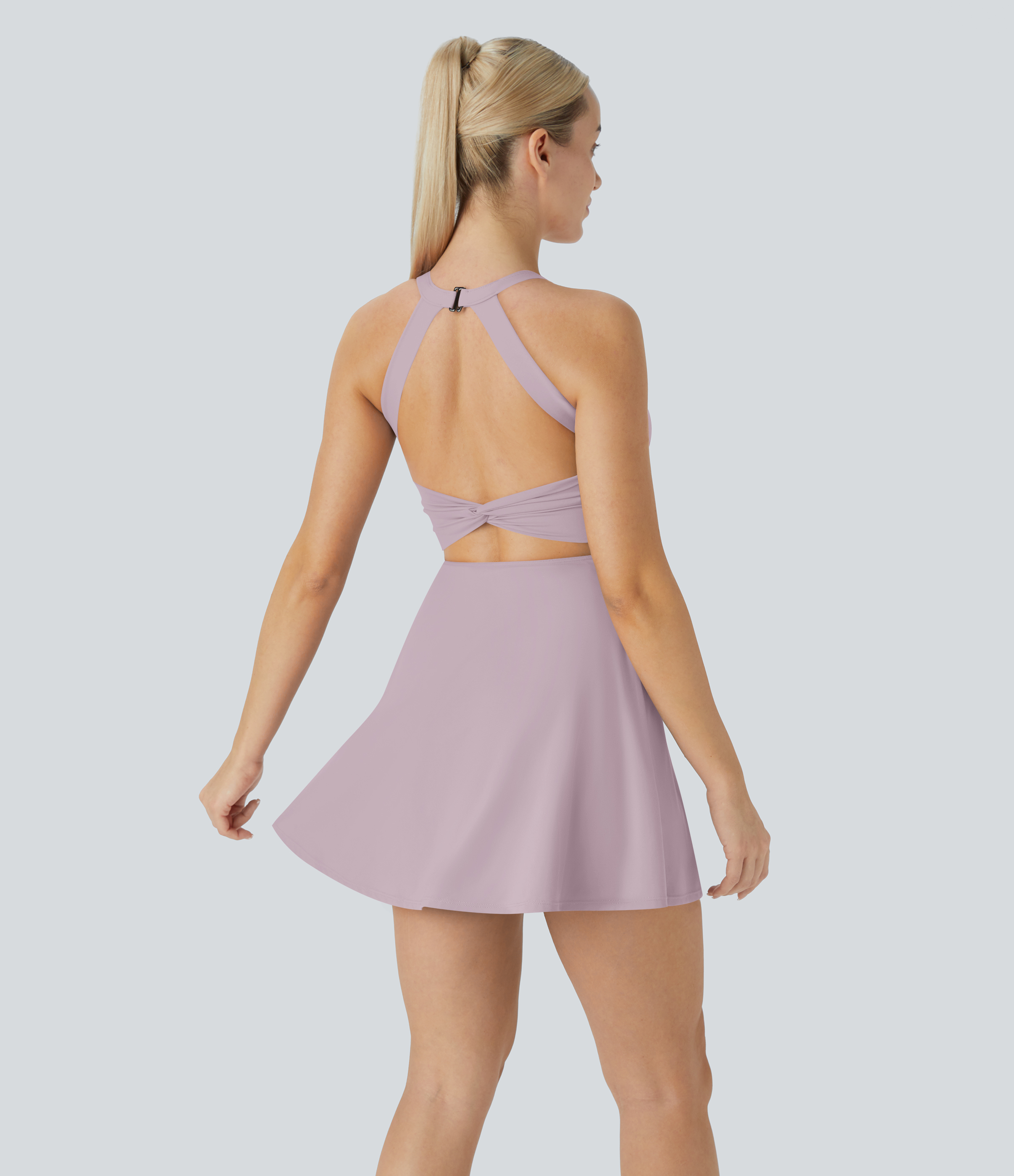Halara Backless Cut Out Twisted Side Pocket 2-in-1 Exercise Dress-Easy Peezy Workout Dress - Pink Purple - S 