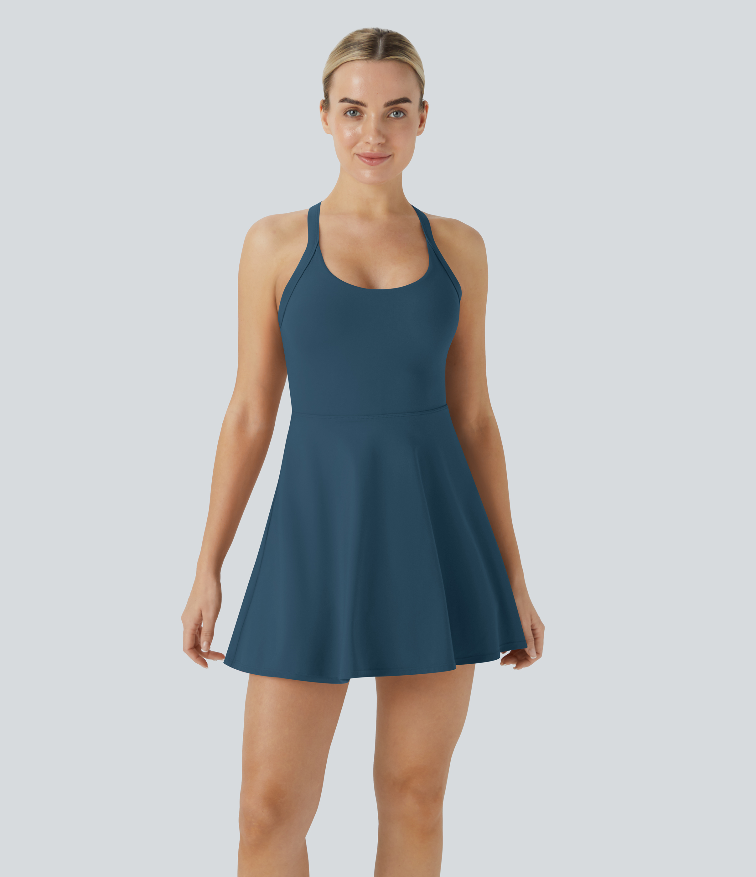 Halara Backless Cut Out Twisted Side Pocket 2-in-1 Exercise Dress-Easy Peezy Workout Dress - Majolica Blue - XS 